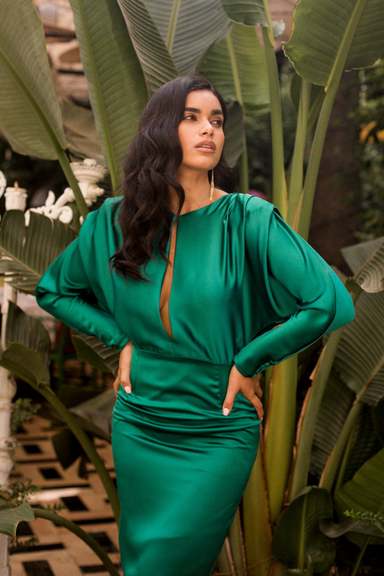 Green Satin Dress With Front Keyhole Neck