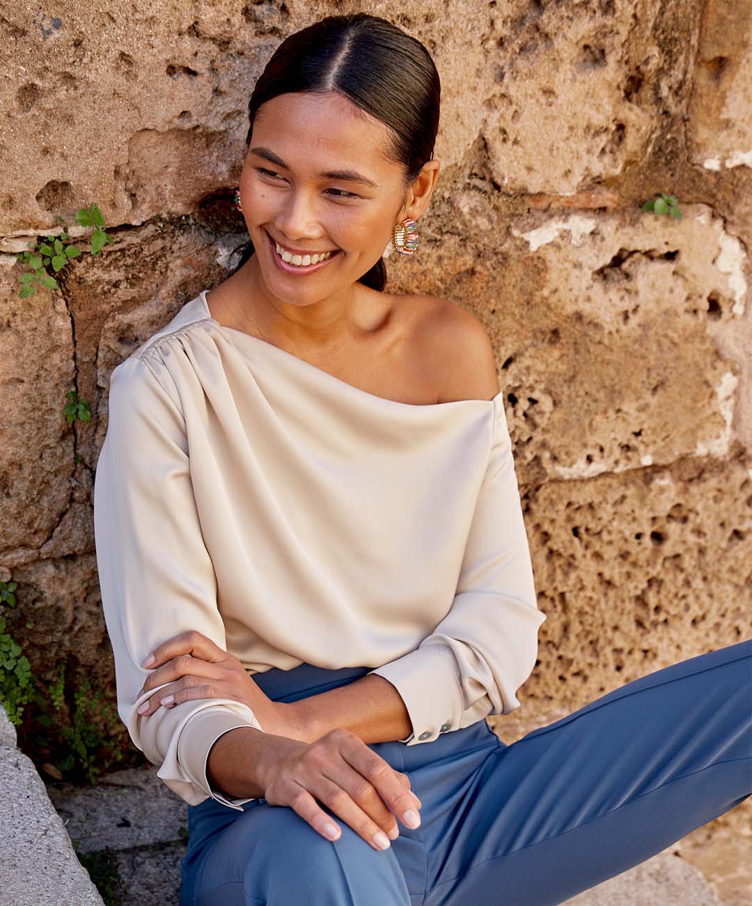 One- Shoulder Satin Top- Beige