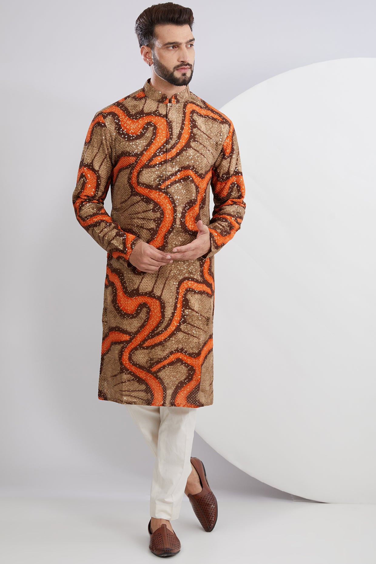 Orange and Green Abstract Embroidered Kurta