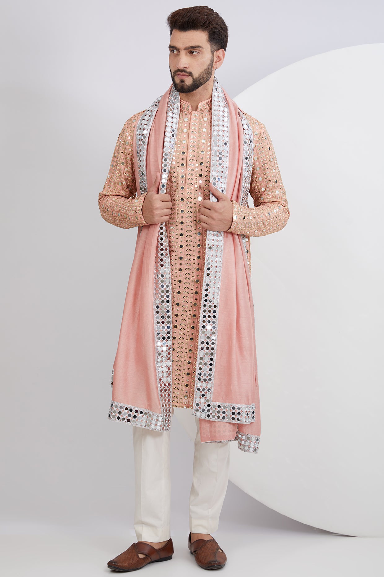 Peach Mirrorwork Kurta Paired with Mirrorwork Stole