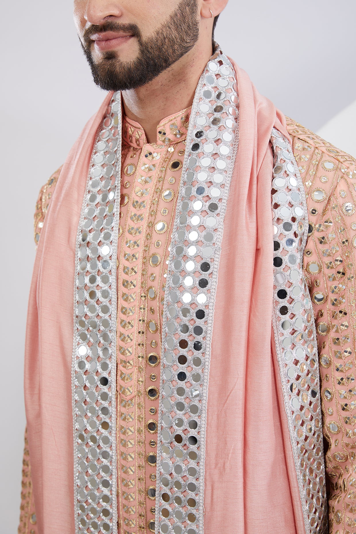 Peach Mirrorwork Kurta Paired with Mirrorwork Stole