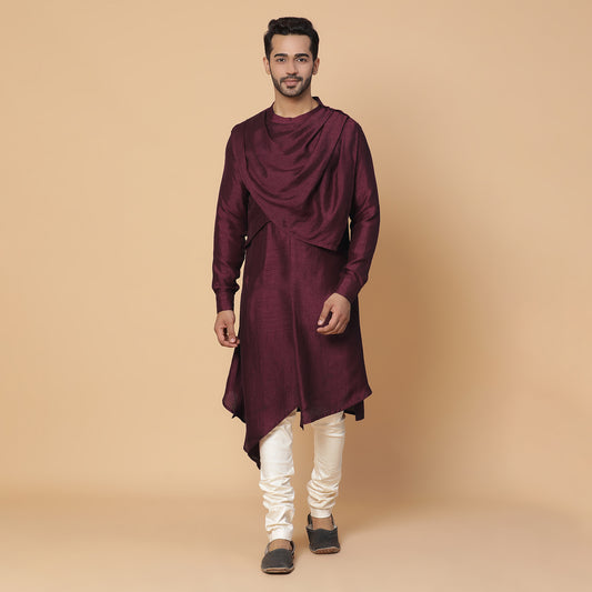 Maroon Cowl Neck Silk Kurta Set