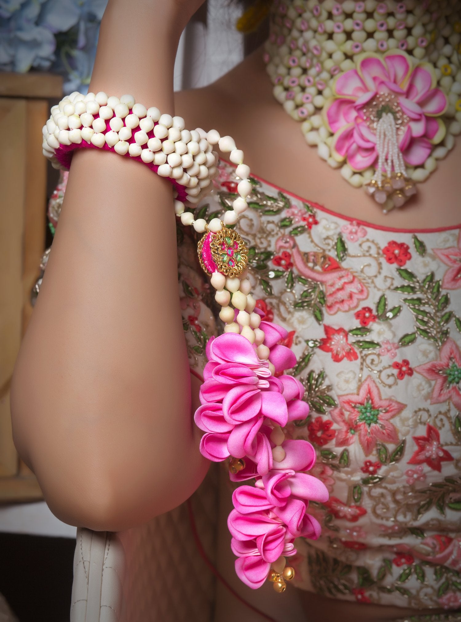 Pink Floral Bangles With Mogra