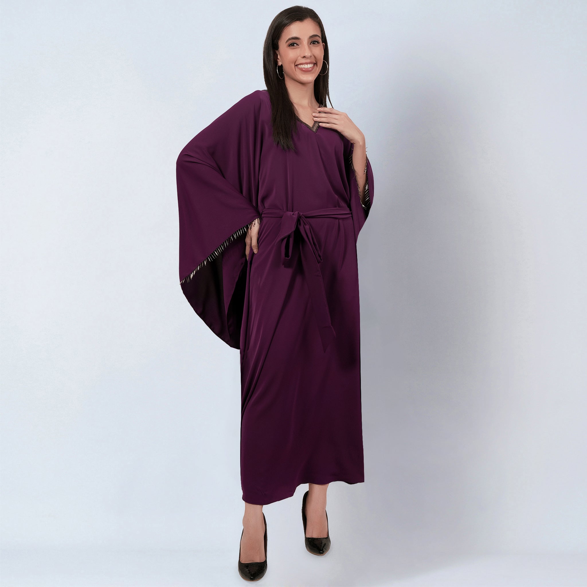 Purple Embroidered Neckline Full Length Kaftan with Belt