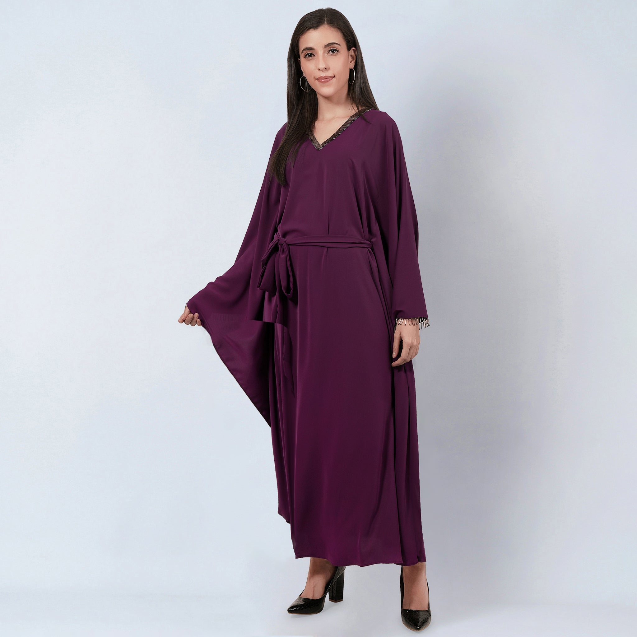 Purple Embroidered Neckline Full Length Kaftan with Belt