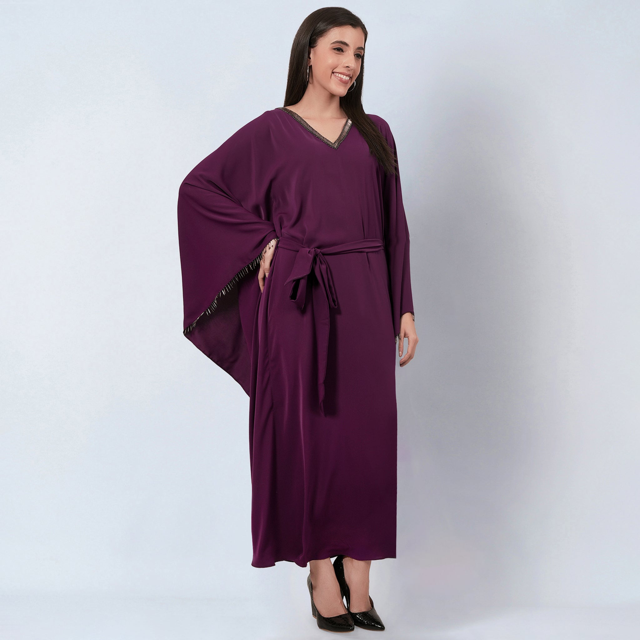 Purple Embroidered Neckline Full Length Kaftan with Belt