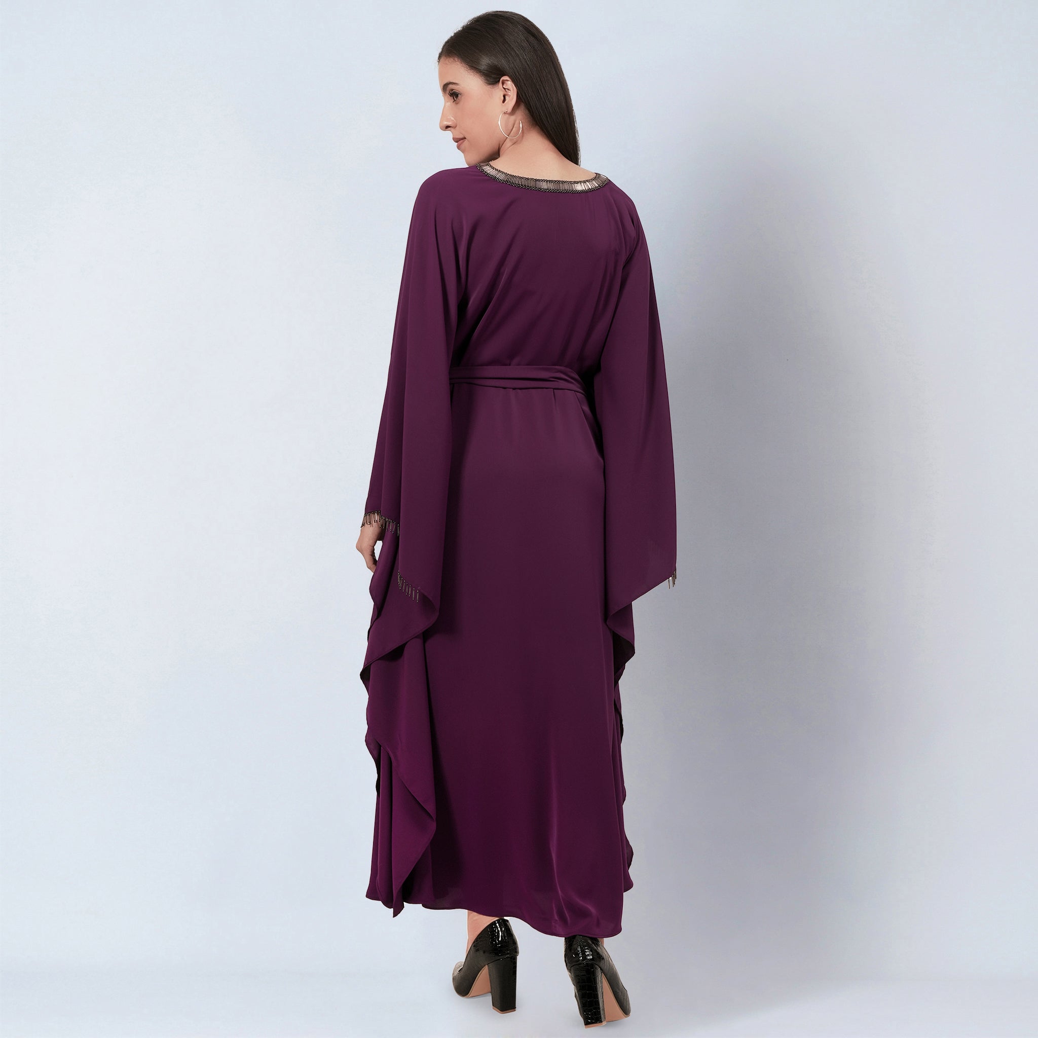 Purple Embroidered Neckline Full Length Kaftan with Belt