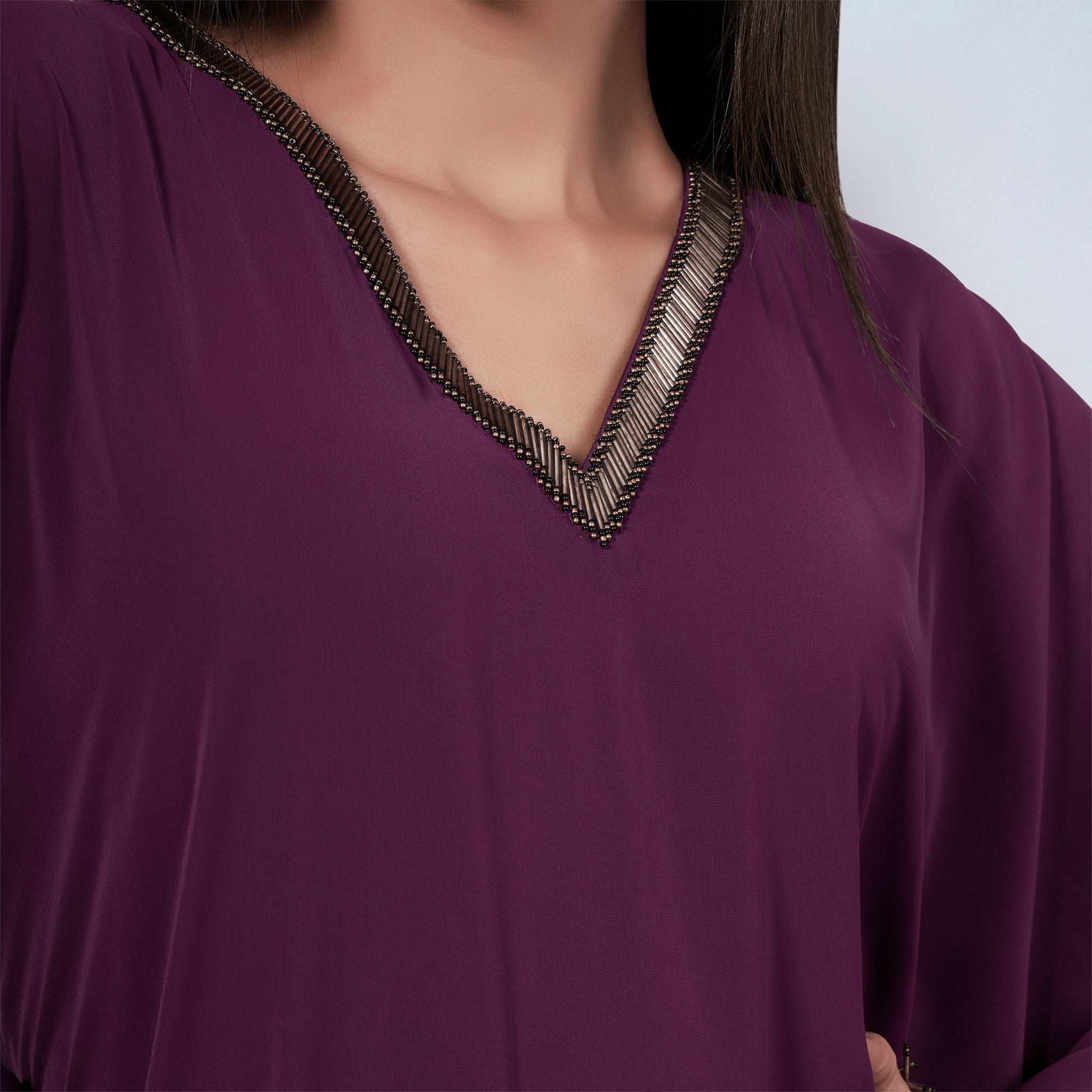 Purple Embroidered Neckline Full Length Kaftan with Belt