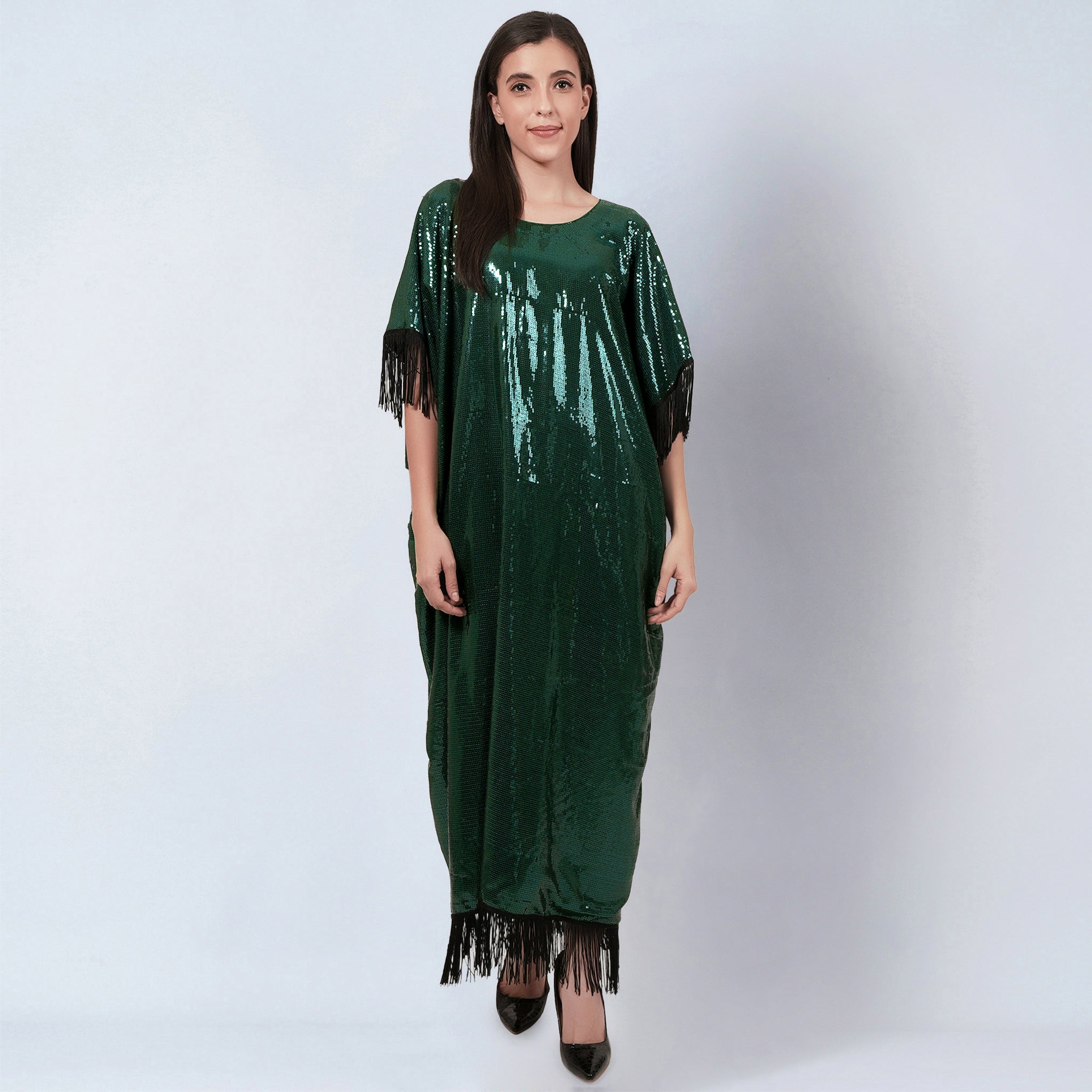 Green Sequin Full Length Kaftan with Fringe Detail