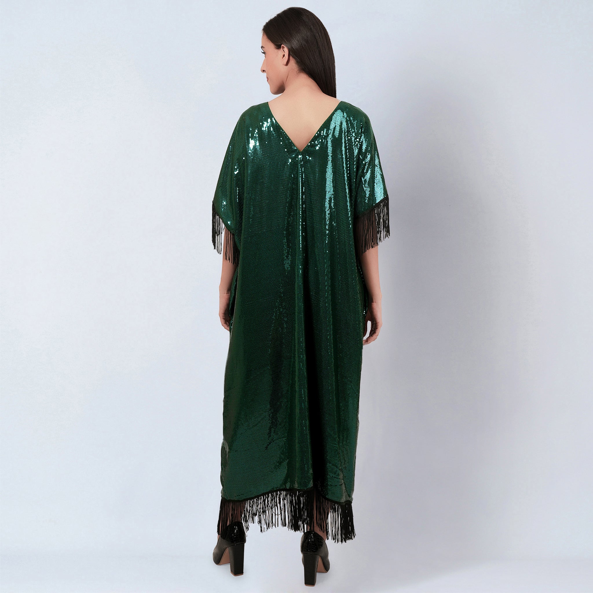 Green Sequin Full Length Kaftan with Fringe Detail