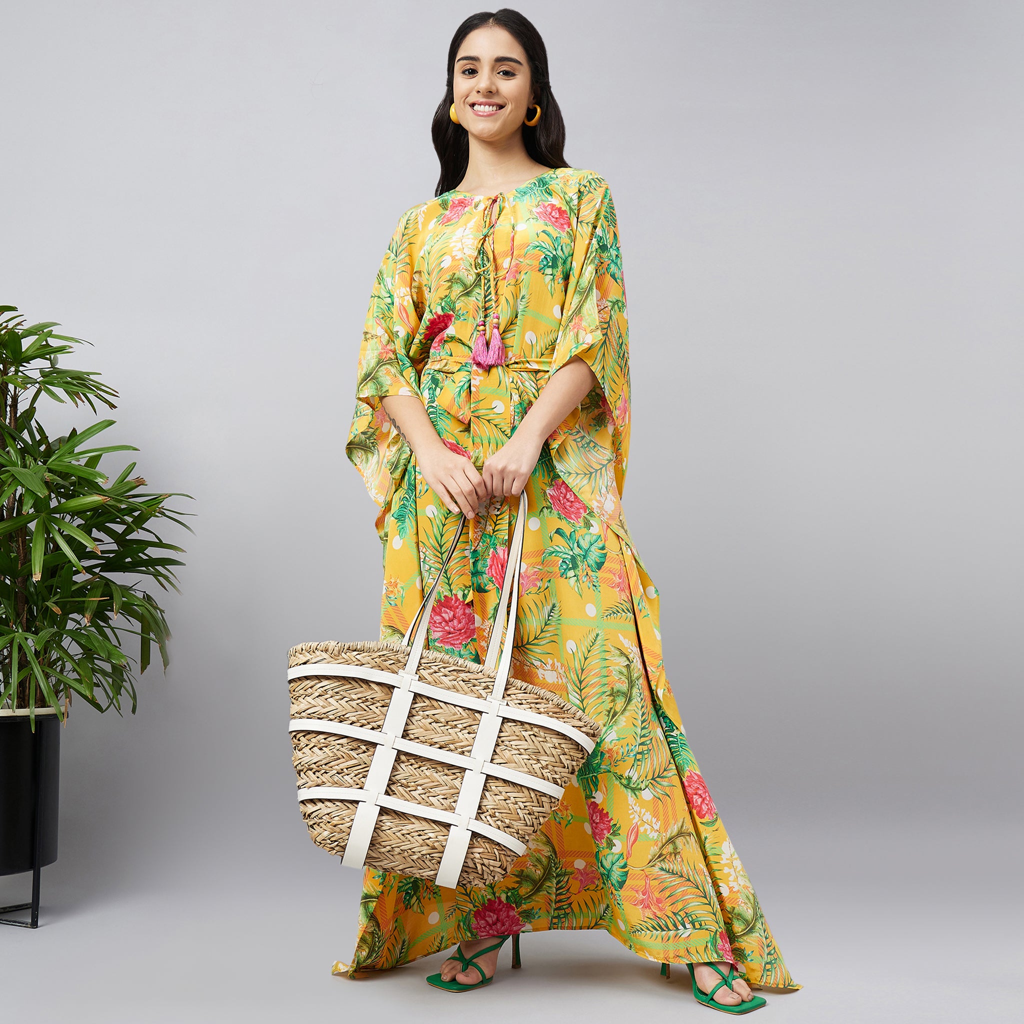 Yellow and Green Jungle Print Full Length Kaftan