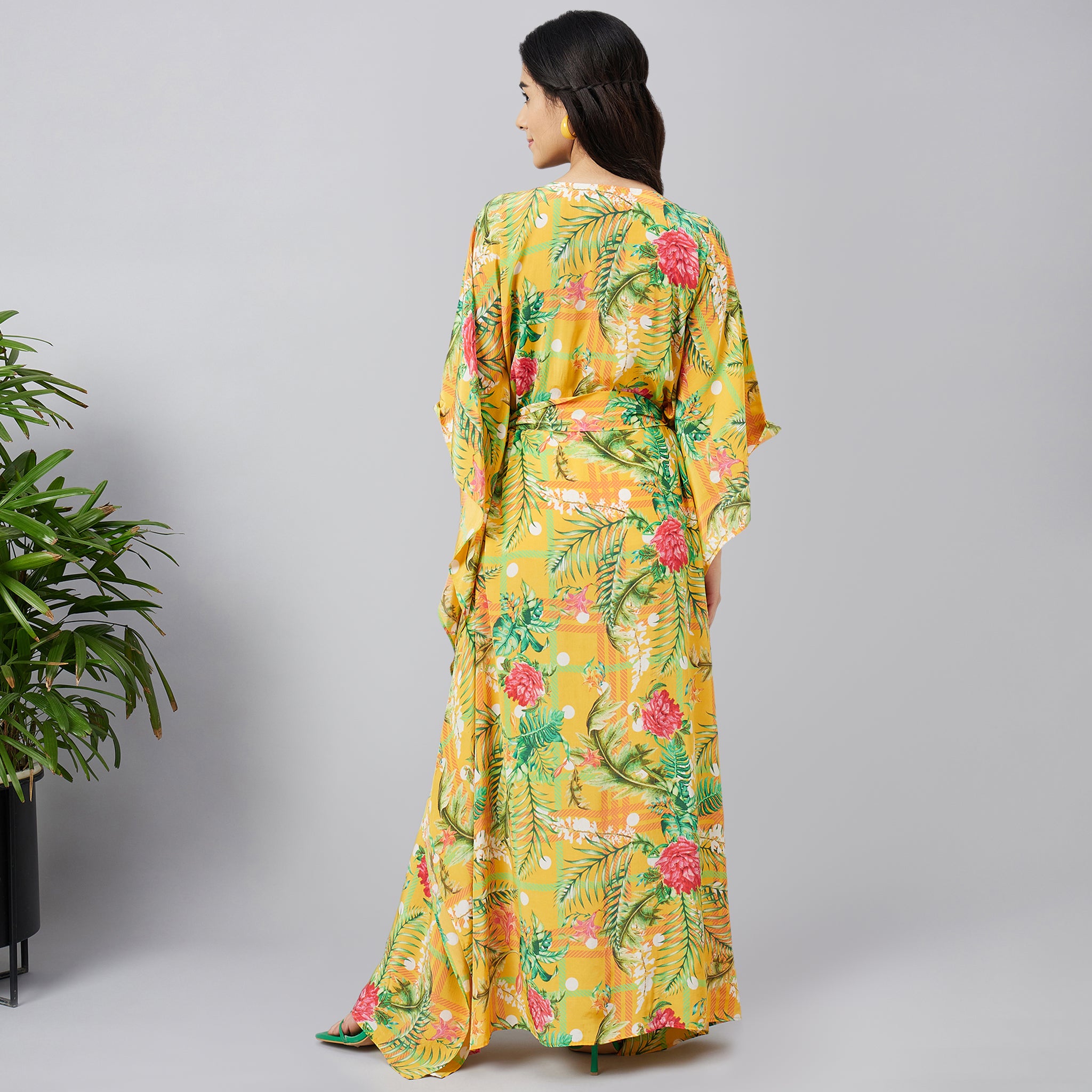 Yellow and Green Jungle Print Full Length Kaftan