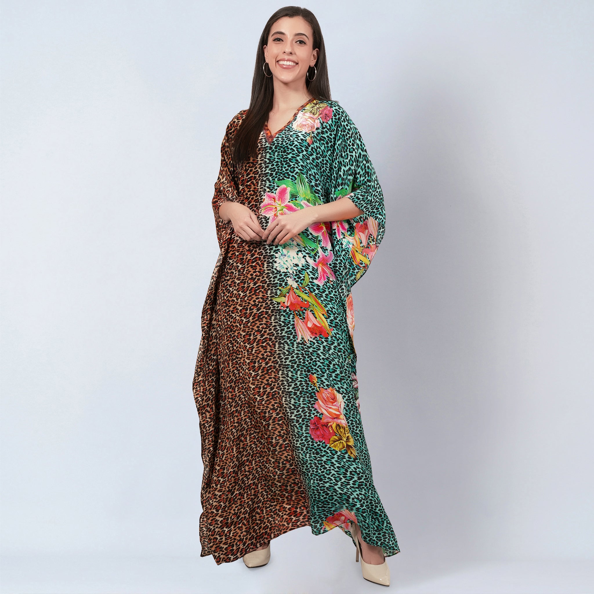 Brown and Turquoise Combination Animal Print Full Length Kaftan