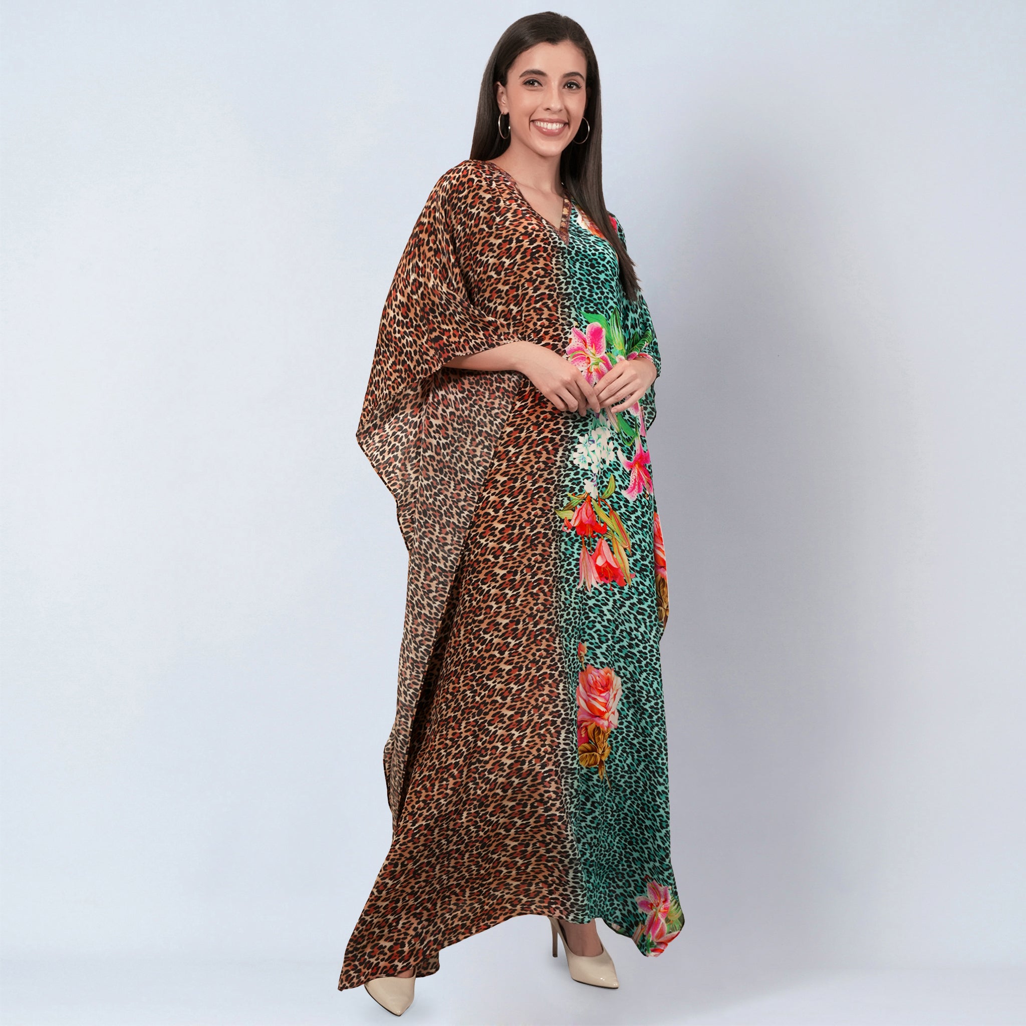 Brown and Turquoise Combination Animal Print Full Length Kaftan