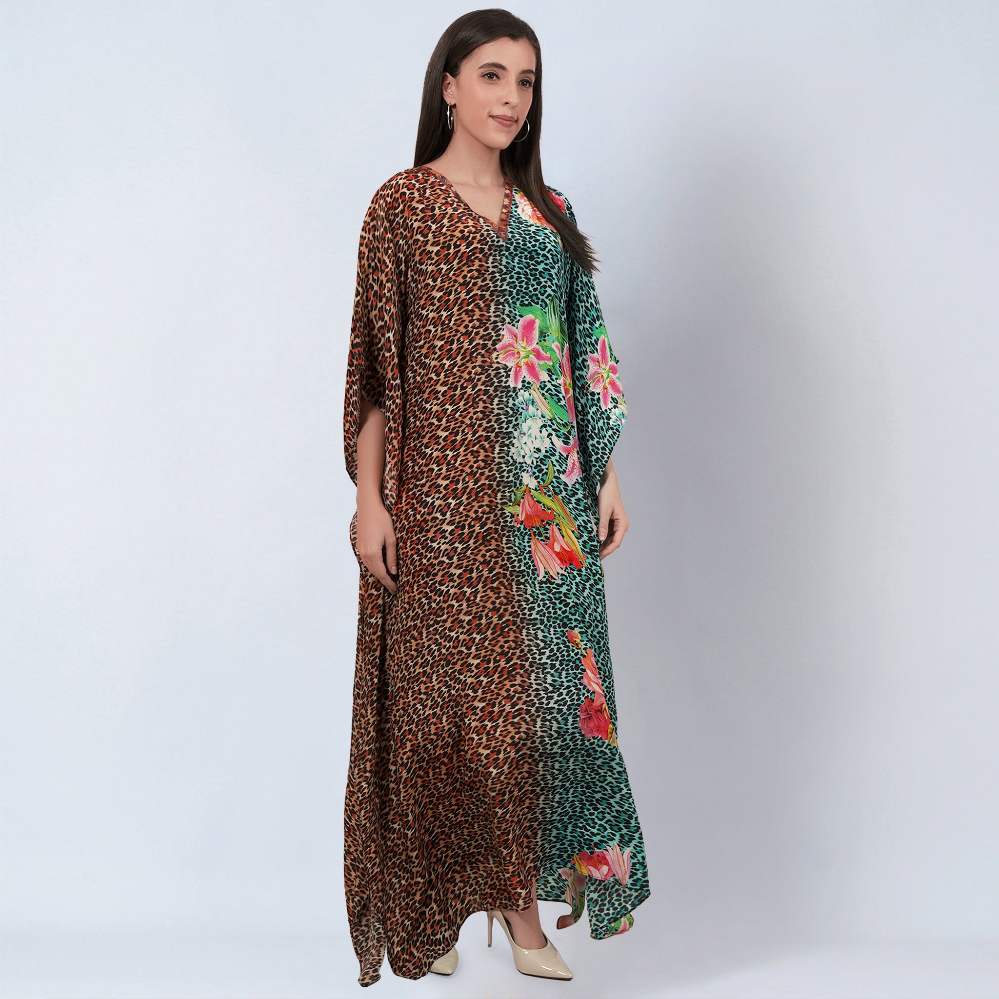 Brown and Turquoise Combination Animal Print Full Length Kaftan