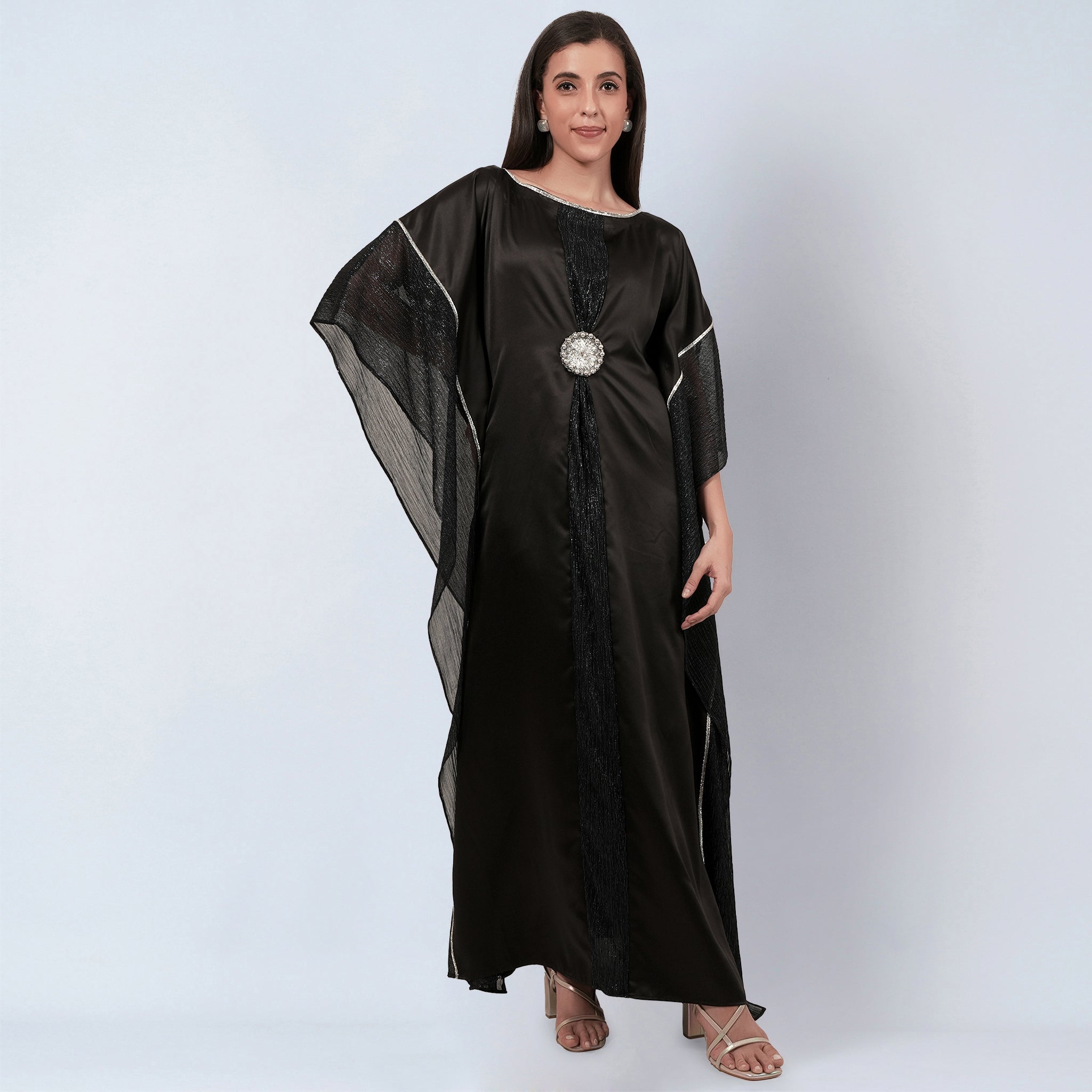 Black Embroidered Motif Full Length Kaftan