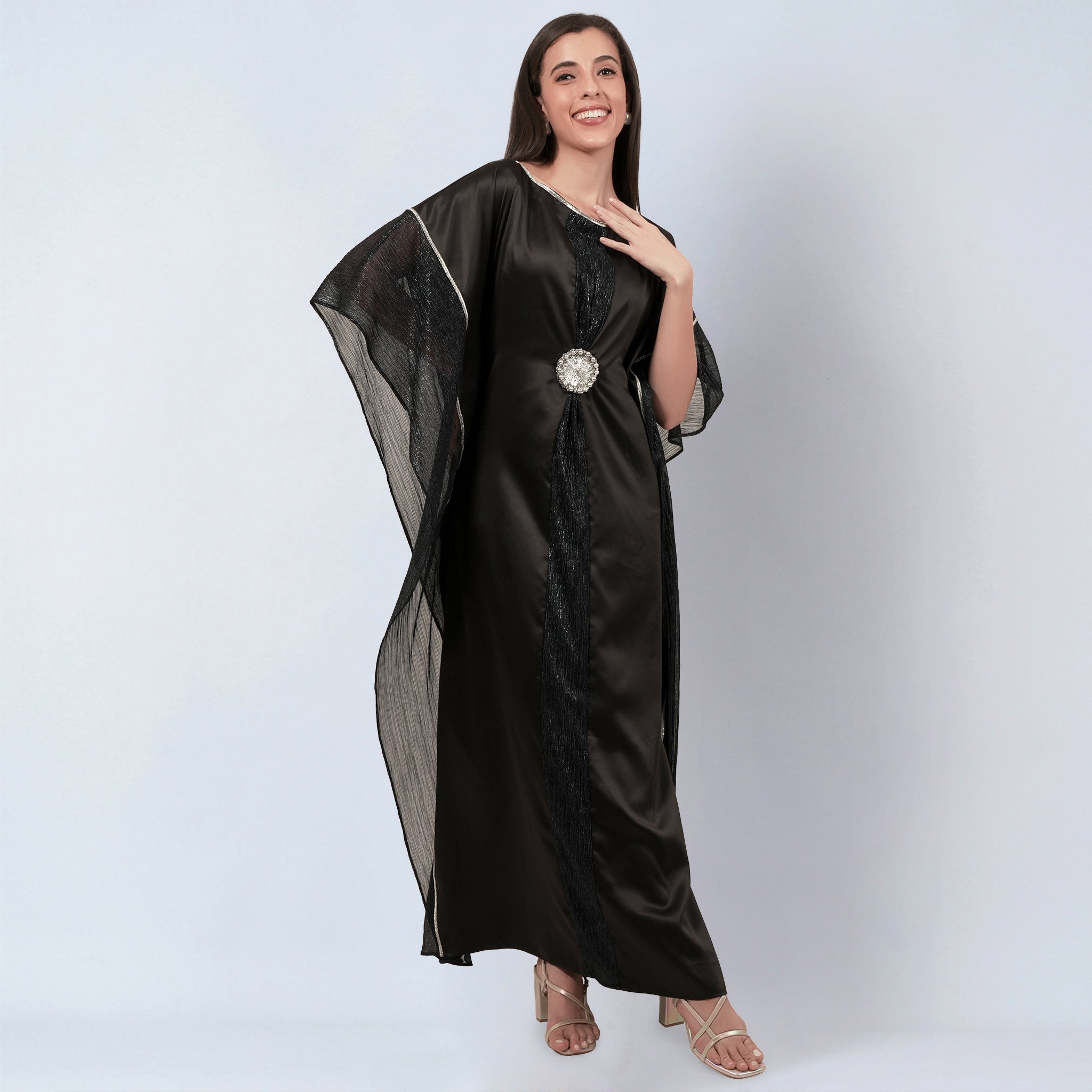 Black Embroidered Motif Full Length Kaftan