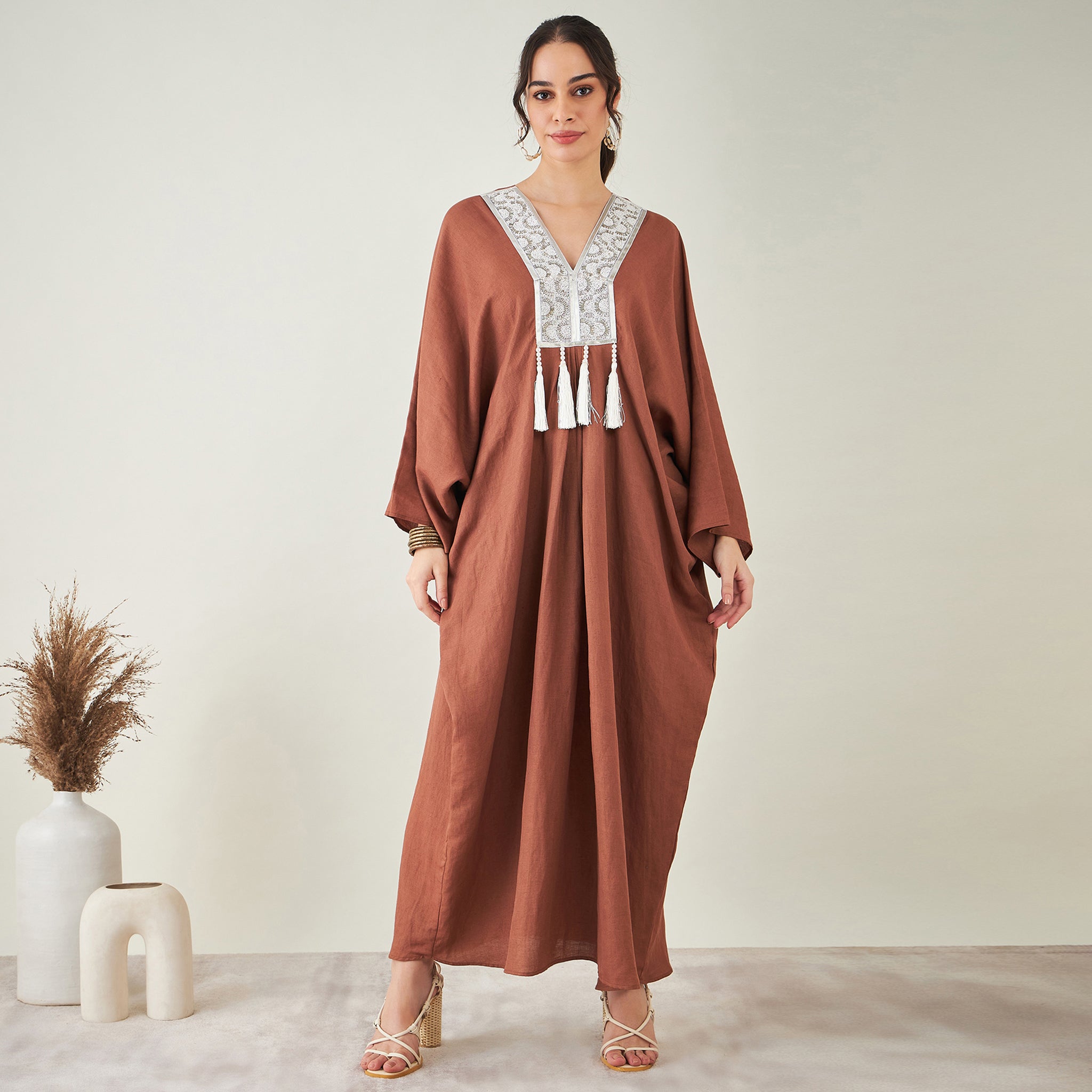 Brown Linen Full Length Kaftan with Tassels Detail