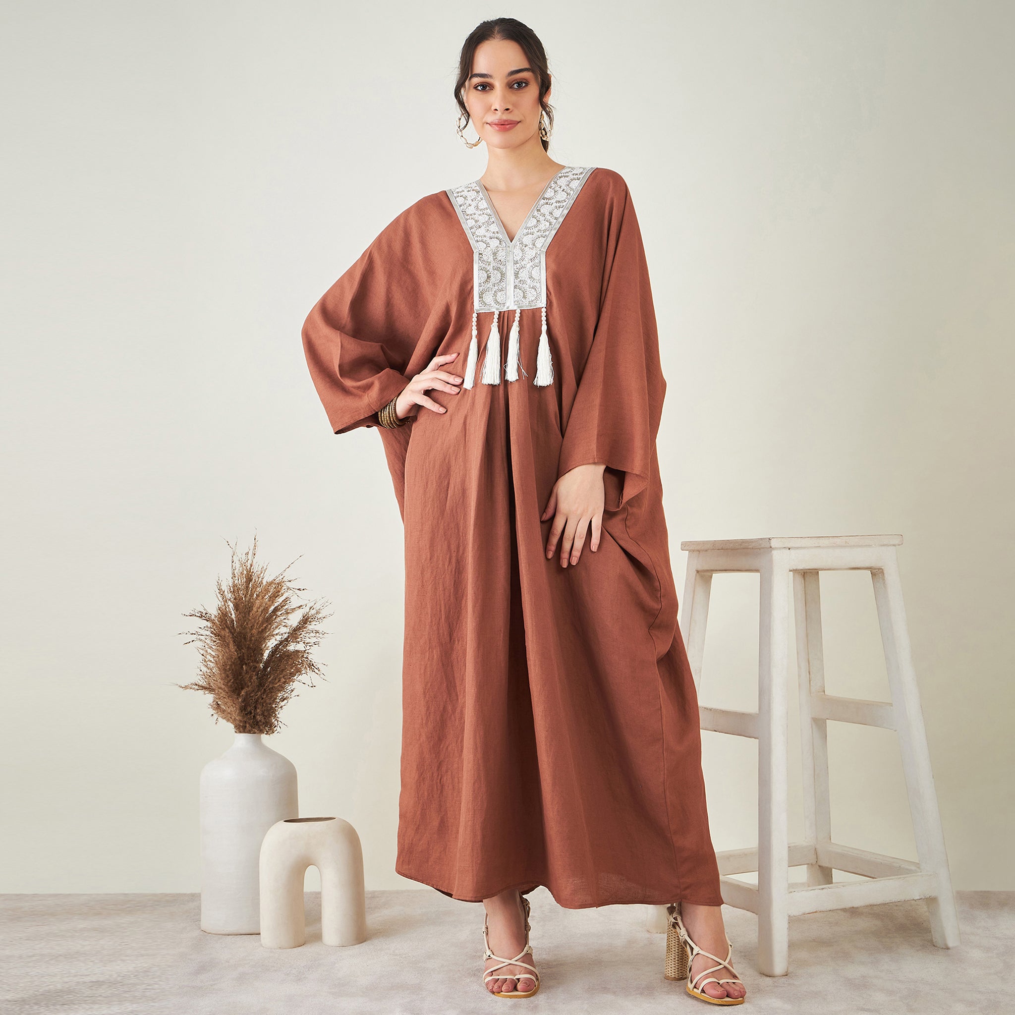 Brown Linen Full Length Kaftan with Tassels Detail