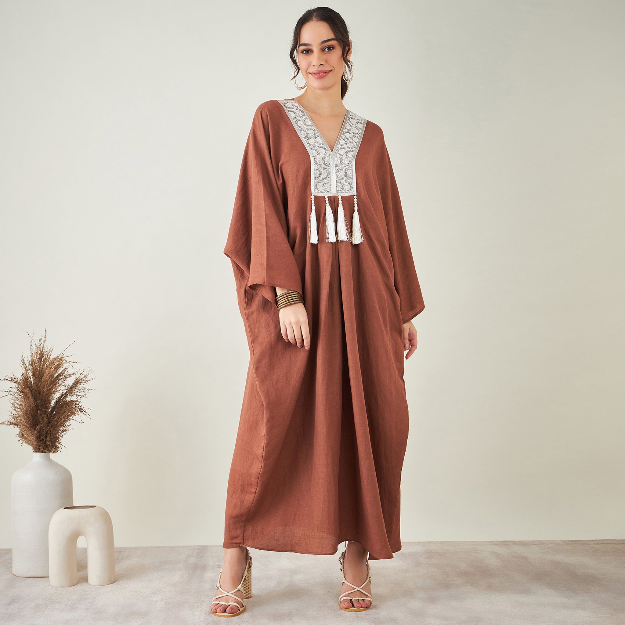 Brown Linen Full Length Kaftan with Tassels Detail