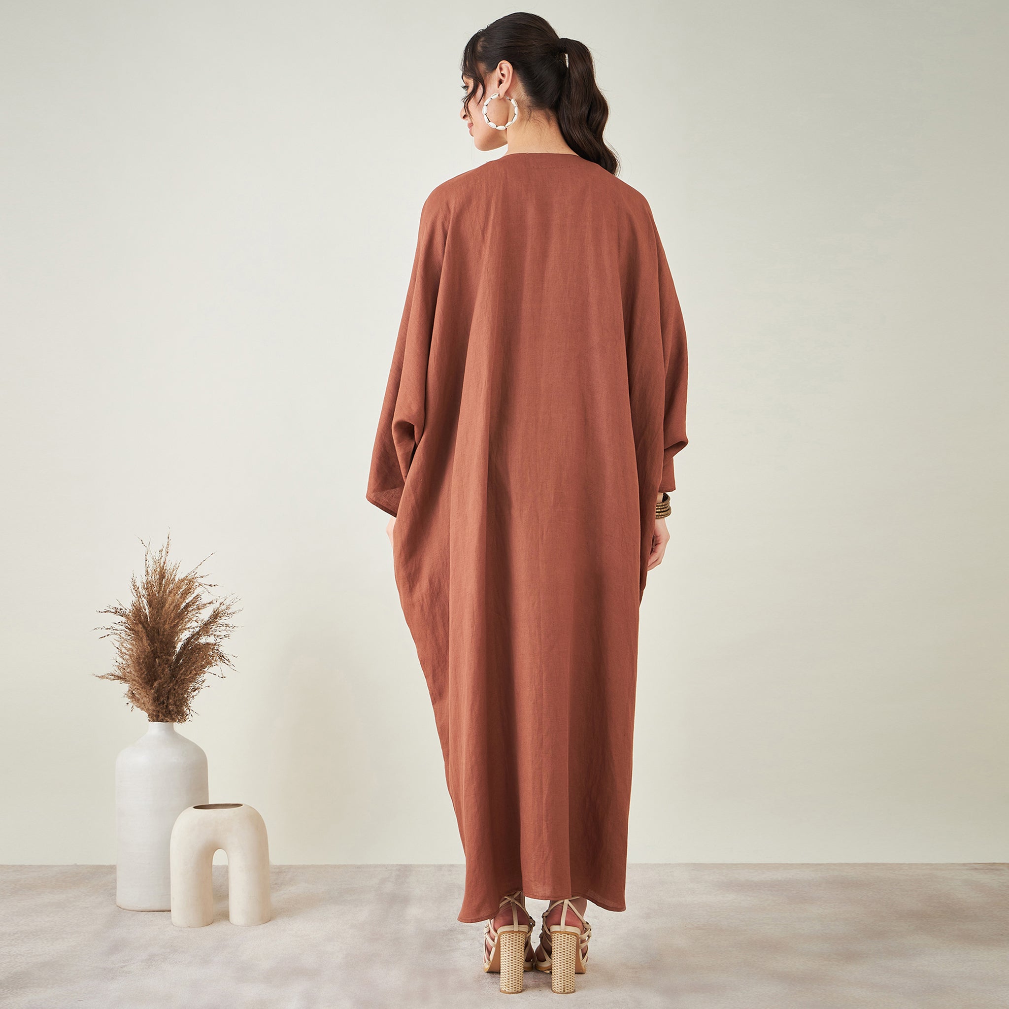 Brown Linen Full Length Kaftan with Tassels Detail