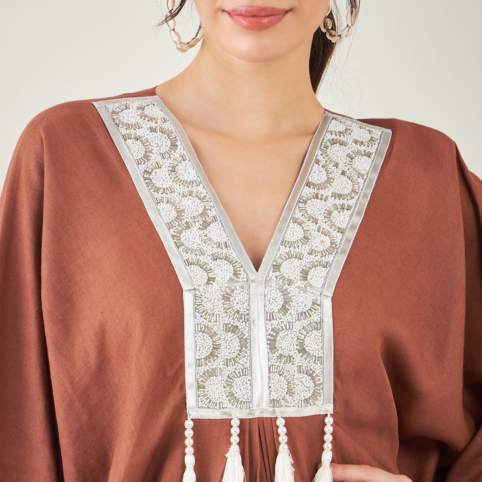 Brown Linen Full Length Kaftan with Tassels Detail