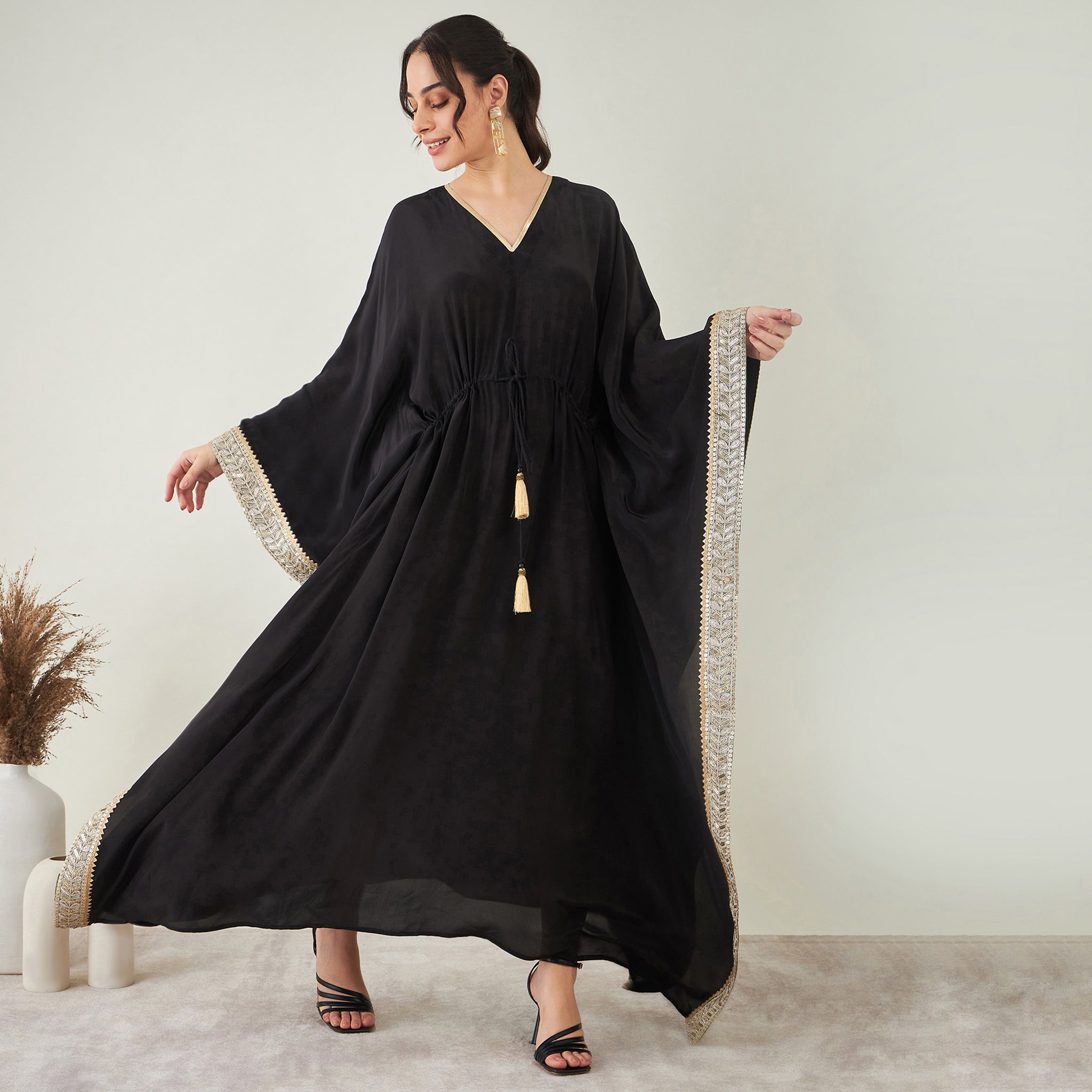 Black Full Length Kaftan with Gold Lace Detail