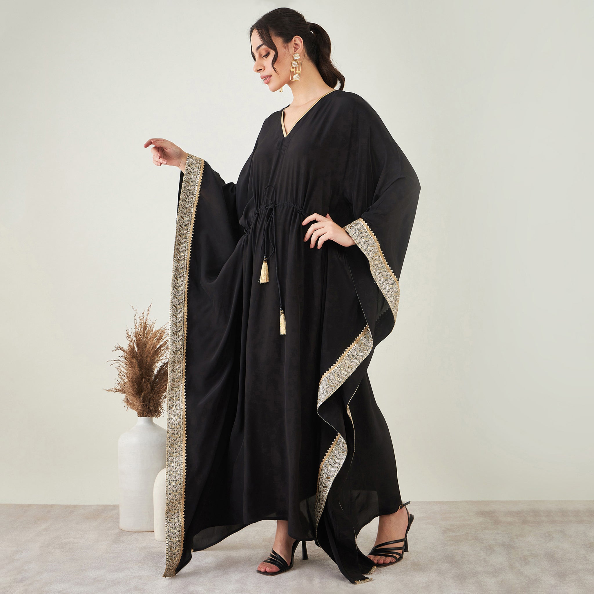 Black Full Length Kaftan with Gold Lace Detail