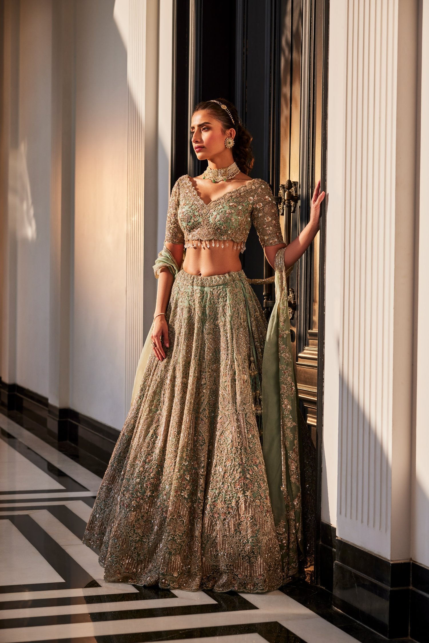 Aqua Organza Embroidered Lehenga Set