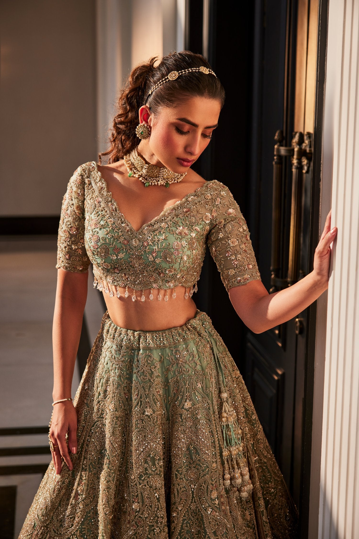 Aqua Organza Embroidered Lehenga Set