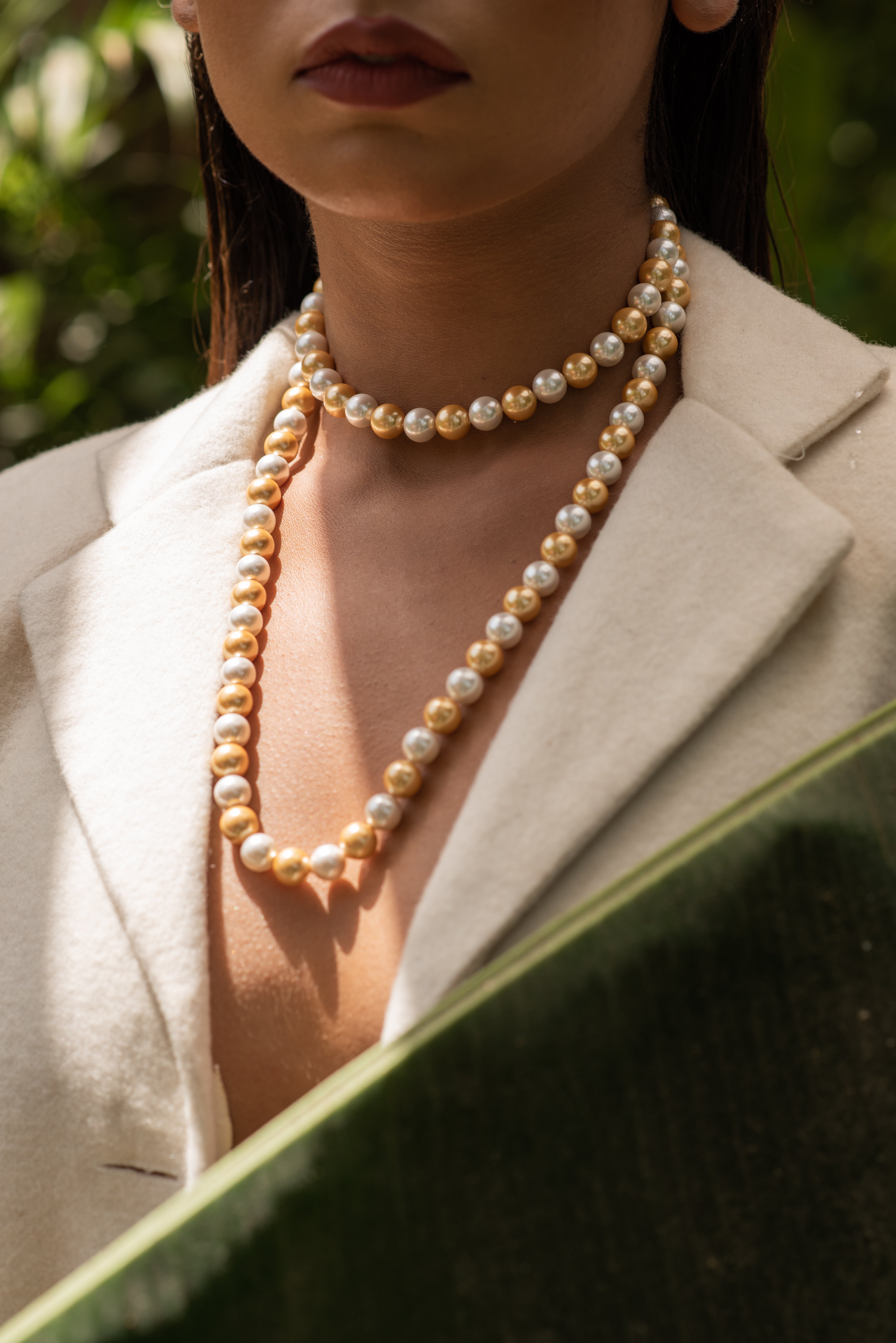 White Golden Pearl Beaded Long Necklace