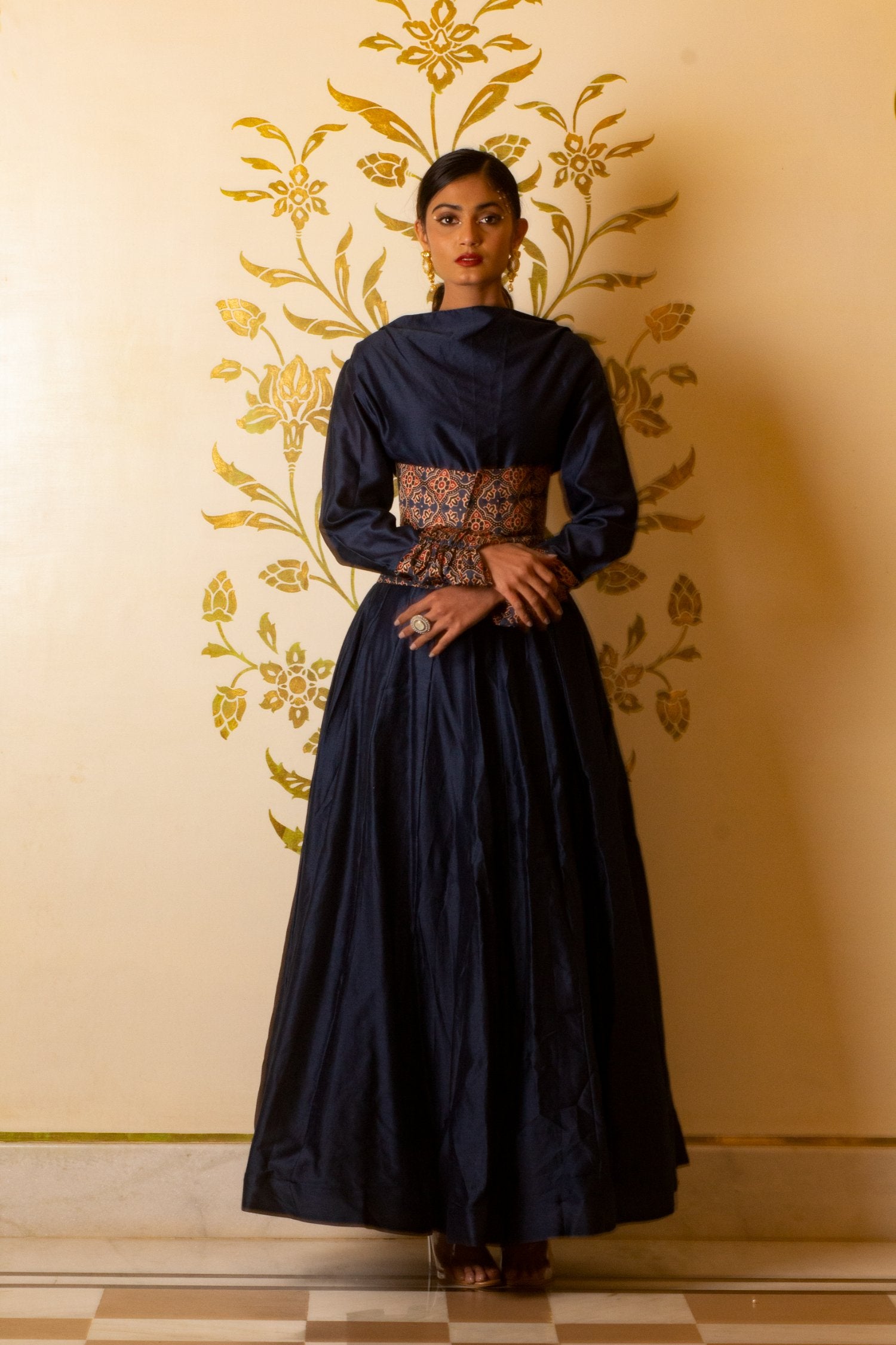 Cowl Neck Anarkali Long Dress With Corset Belt