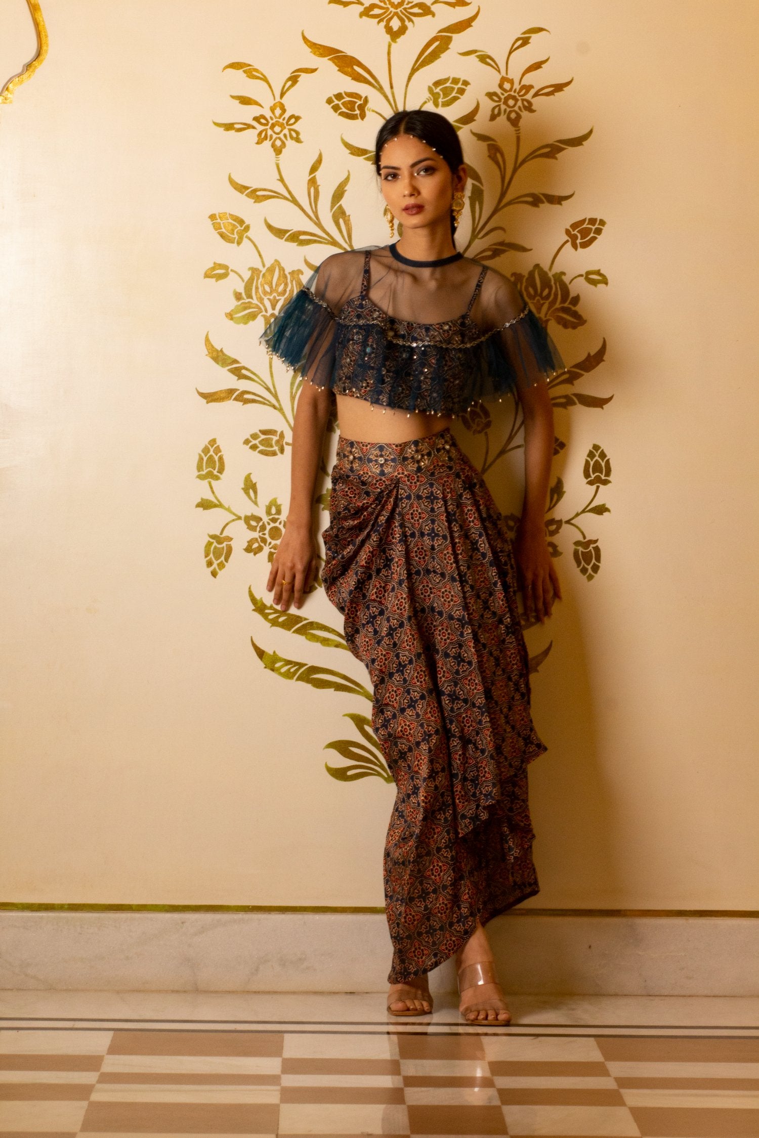 Ajrakh Print Drape Skirt Set