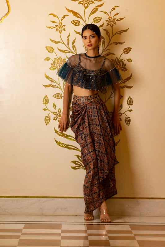 Ajrakh Print Drape Skirt Set