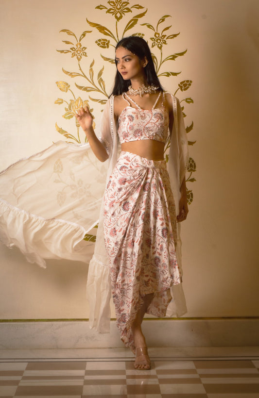 White Printed Drape Skirt Set