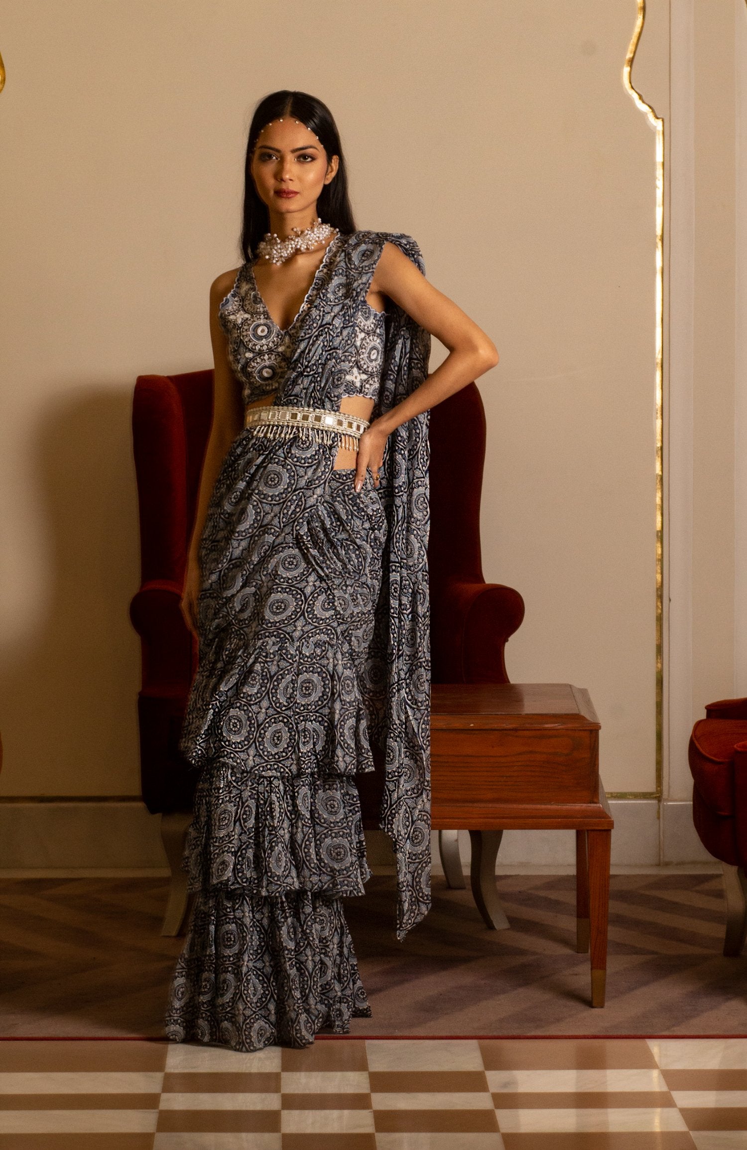 Blue Printed Skirt Saree Set With Belt