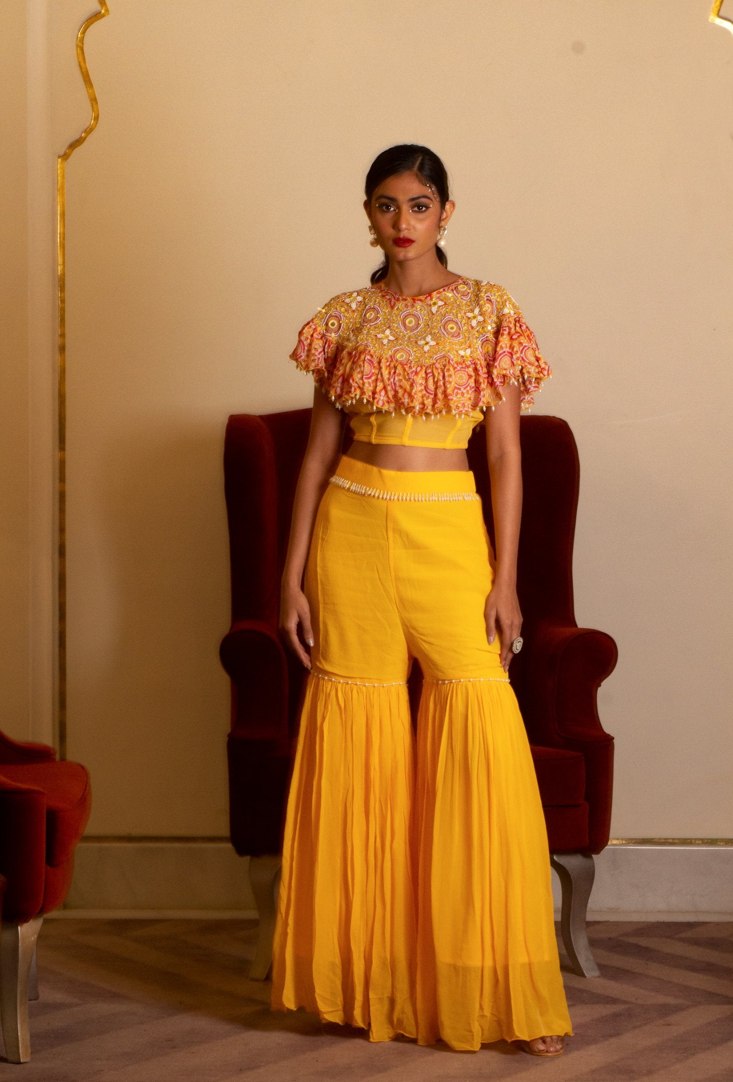 Yellow Sharara Set With Cape