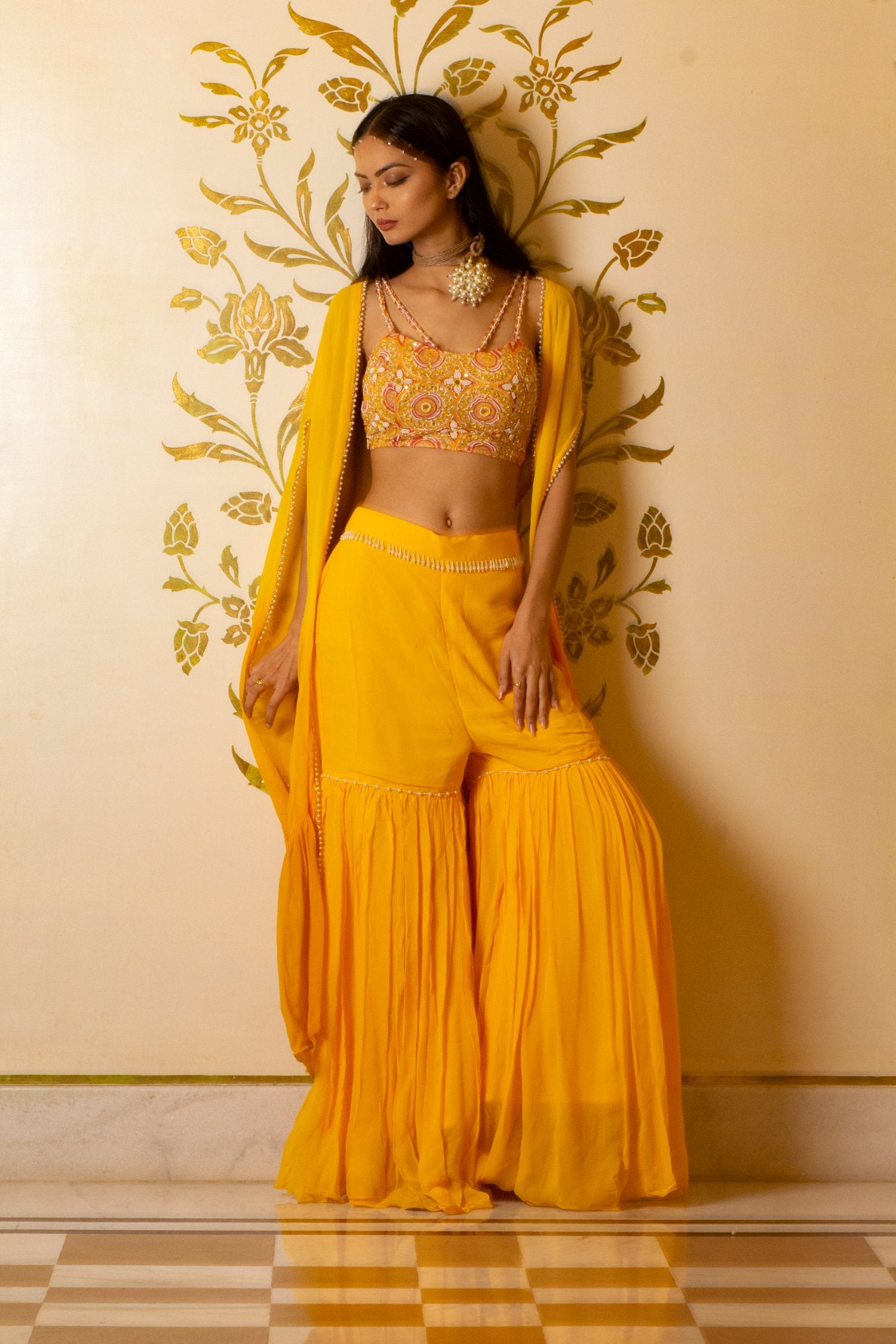 Yellow Sharara Set With Shrug