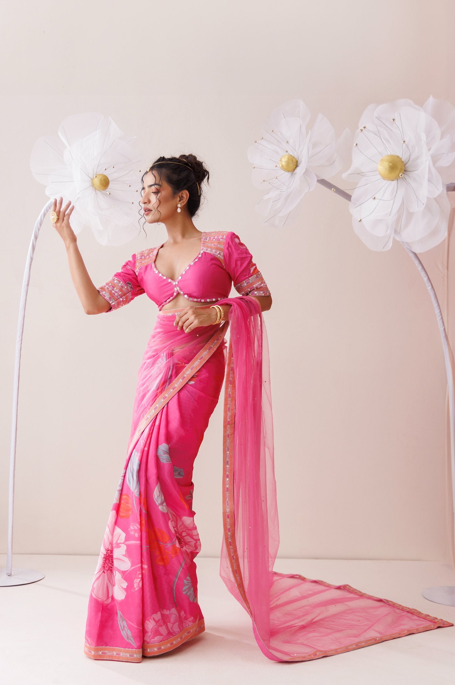 Pink Net Saree