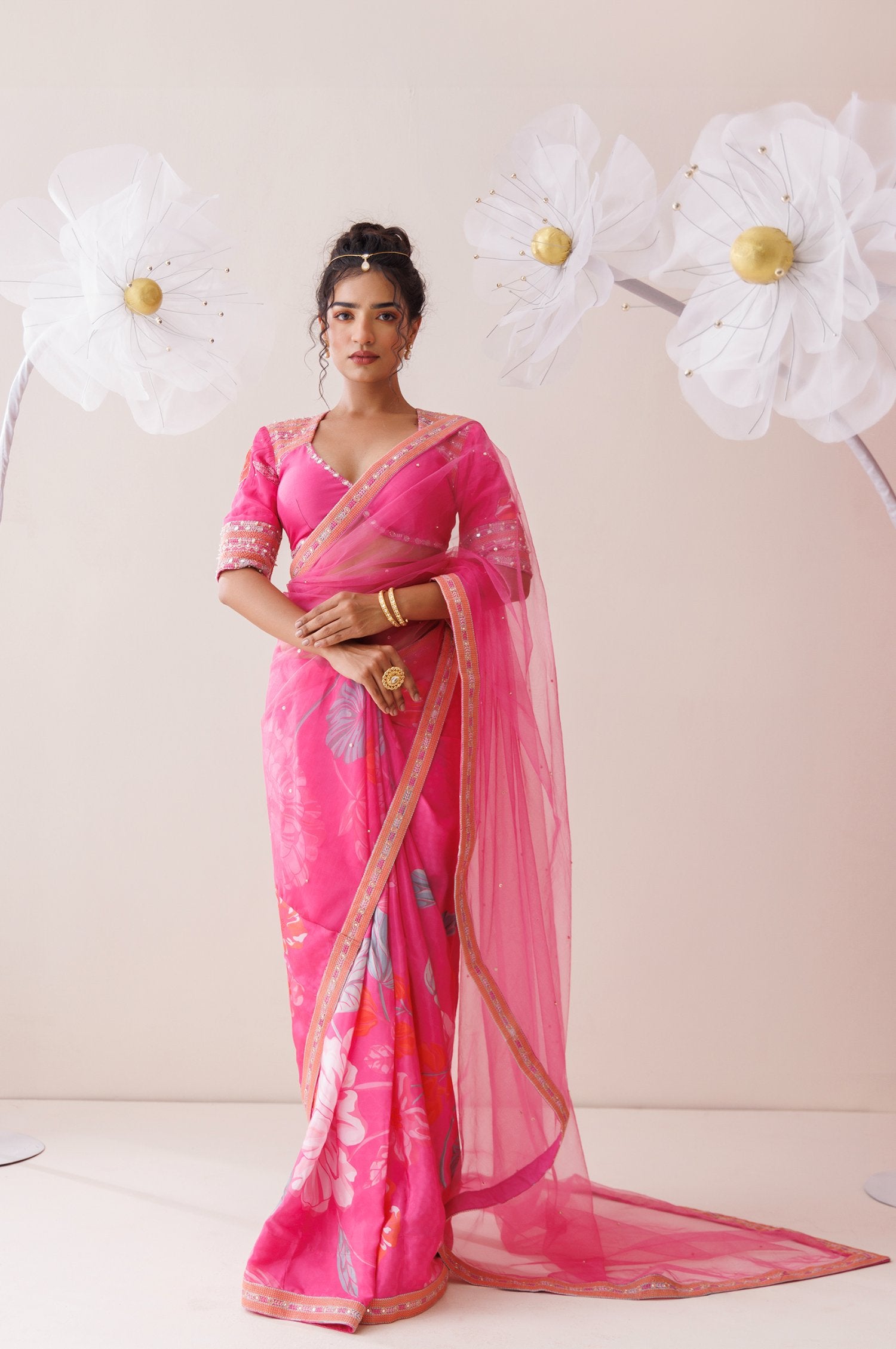 Pink Net Saree