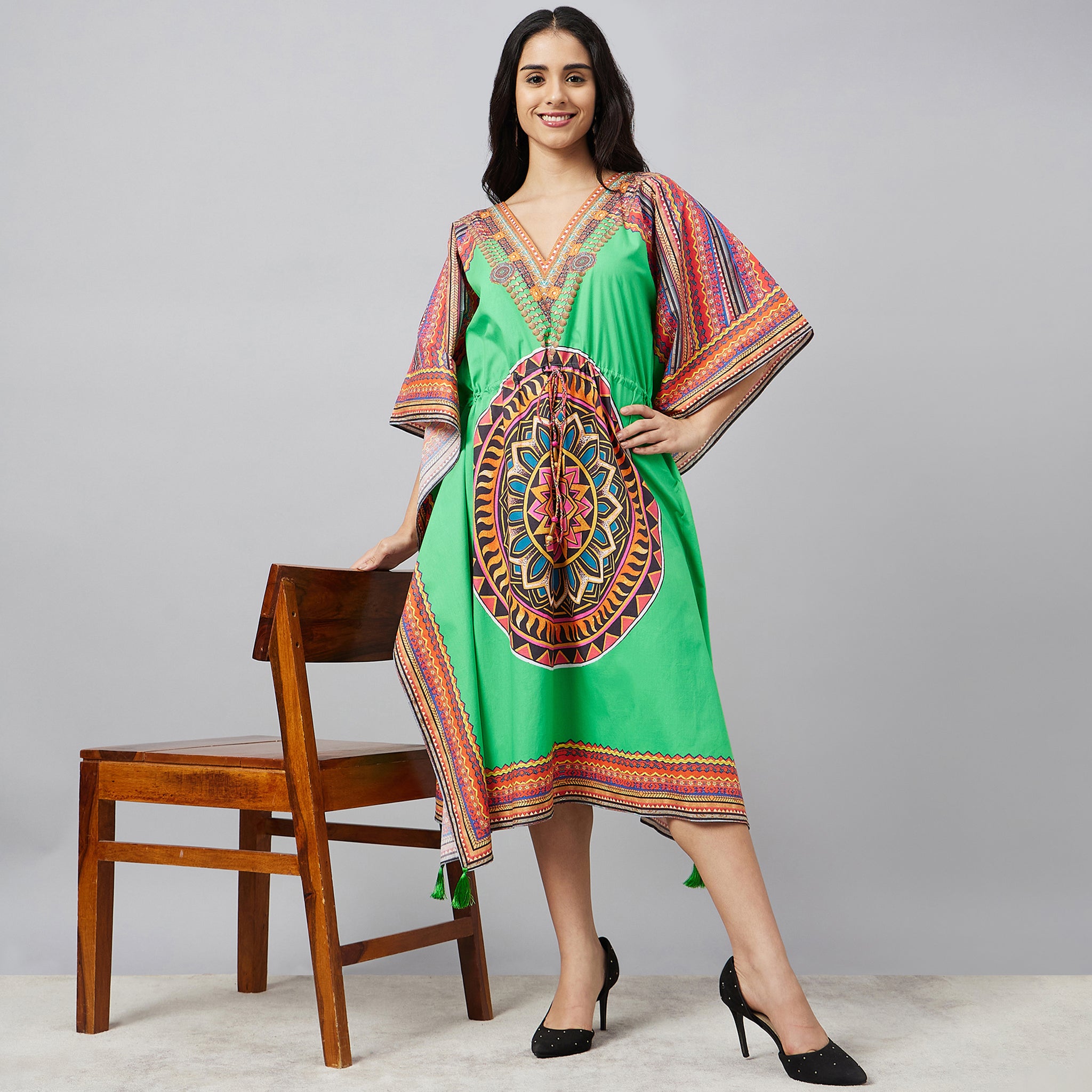 Green Tribal Mid Length Kaftan