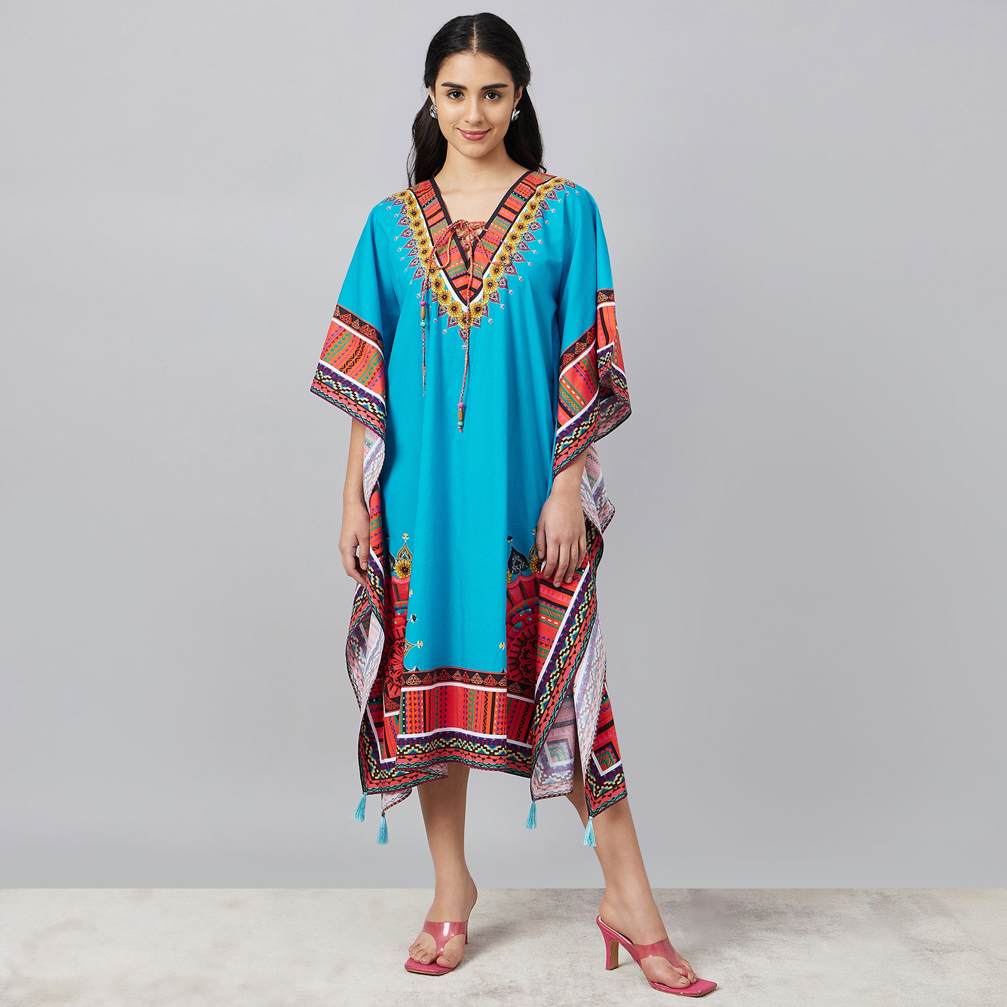 Sky Blue Tribal Mid Length Kaftan