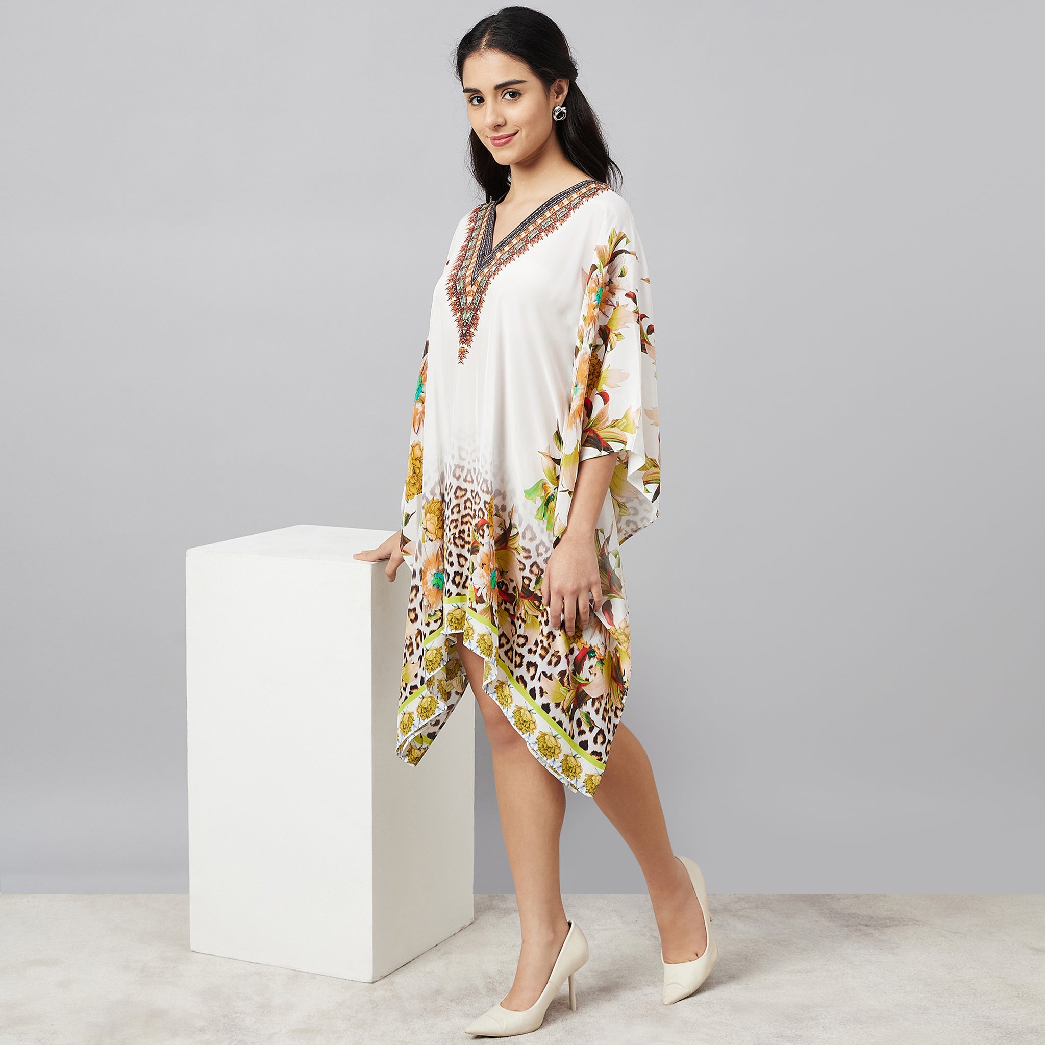 Yellow Floral Mid Length Kaftan