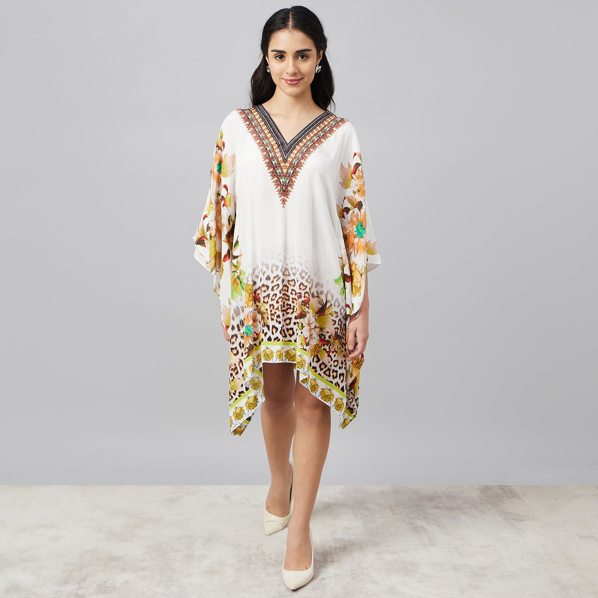 Yellow Floral Mid Length Kaftan