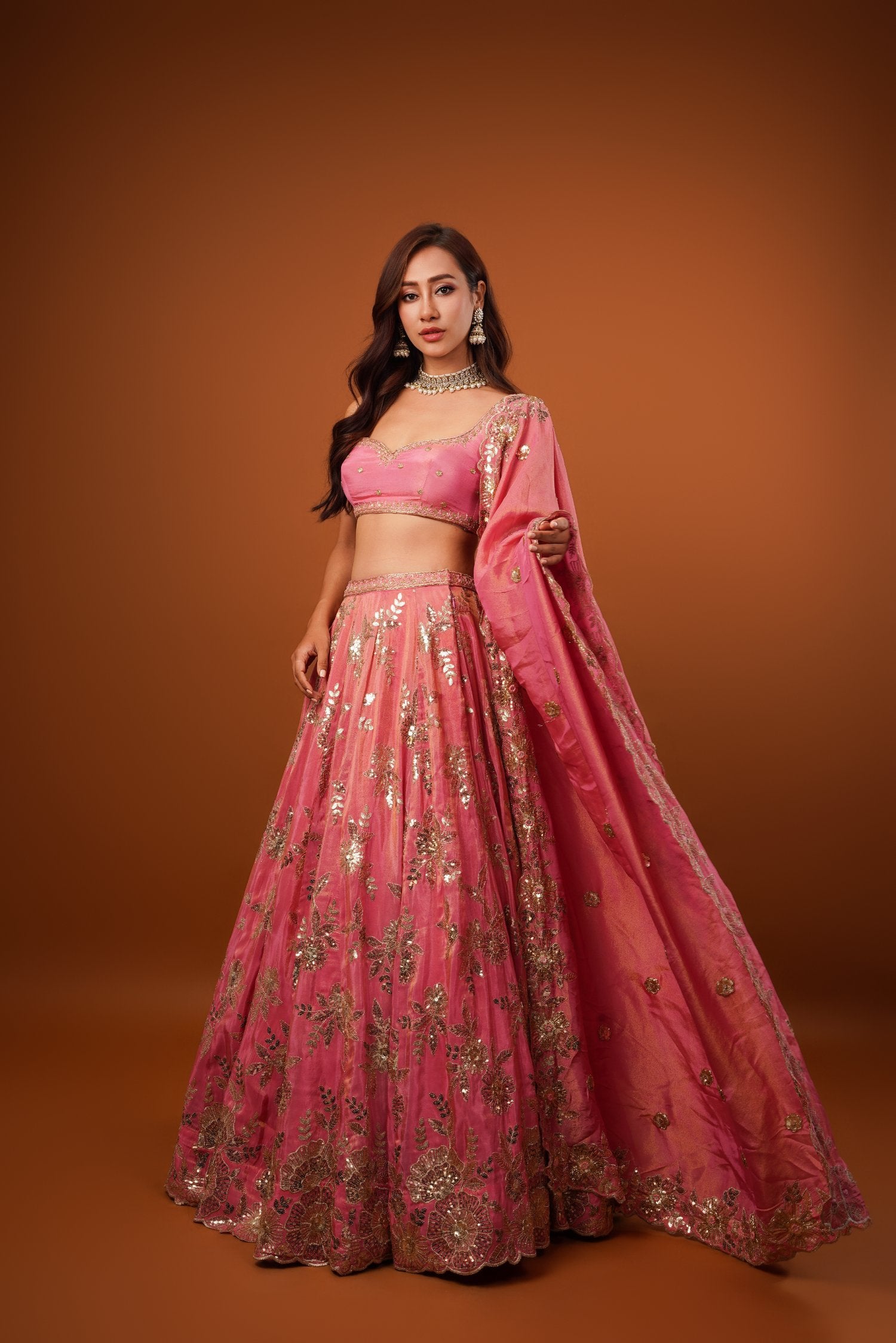 Pink Gold Tissue Embroidered Lehenga