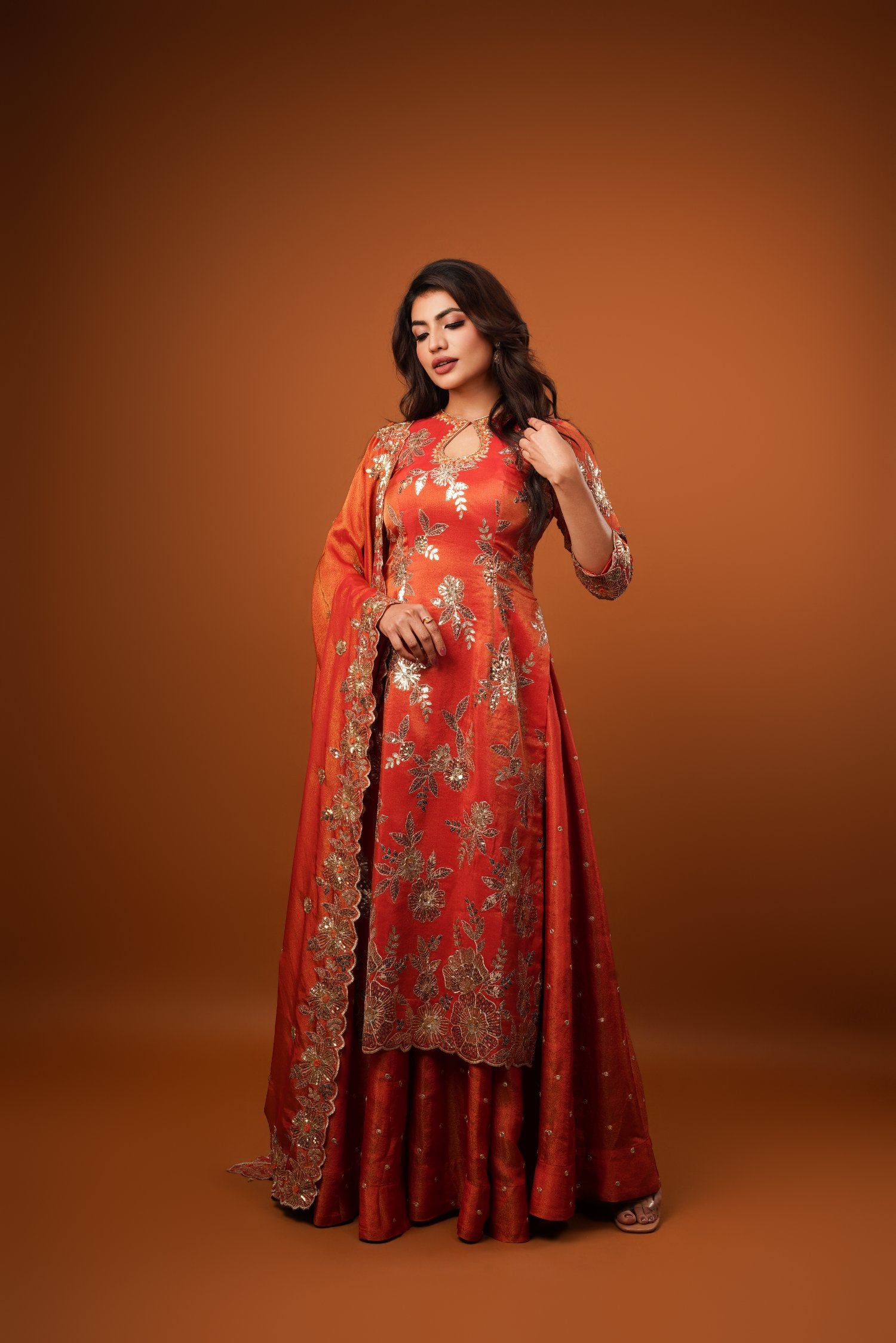 Rust Tissue Embroidered Kurta Set