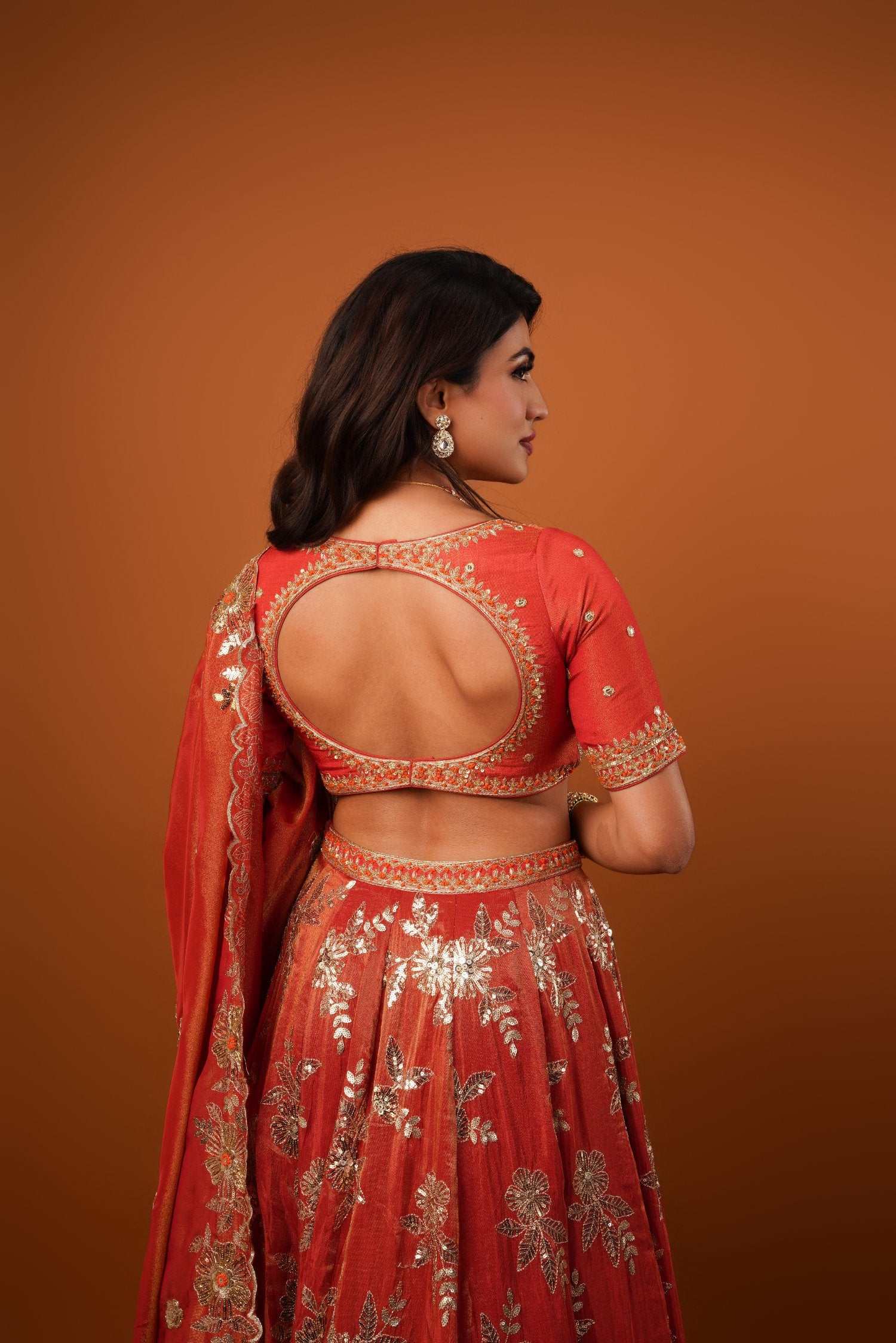 Rust Gold Tissue Embroidered Lehenga