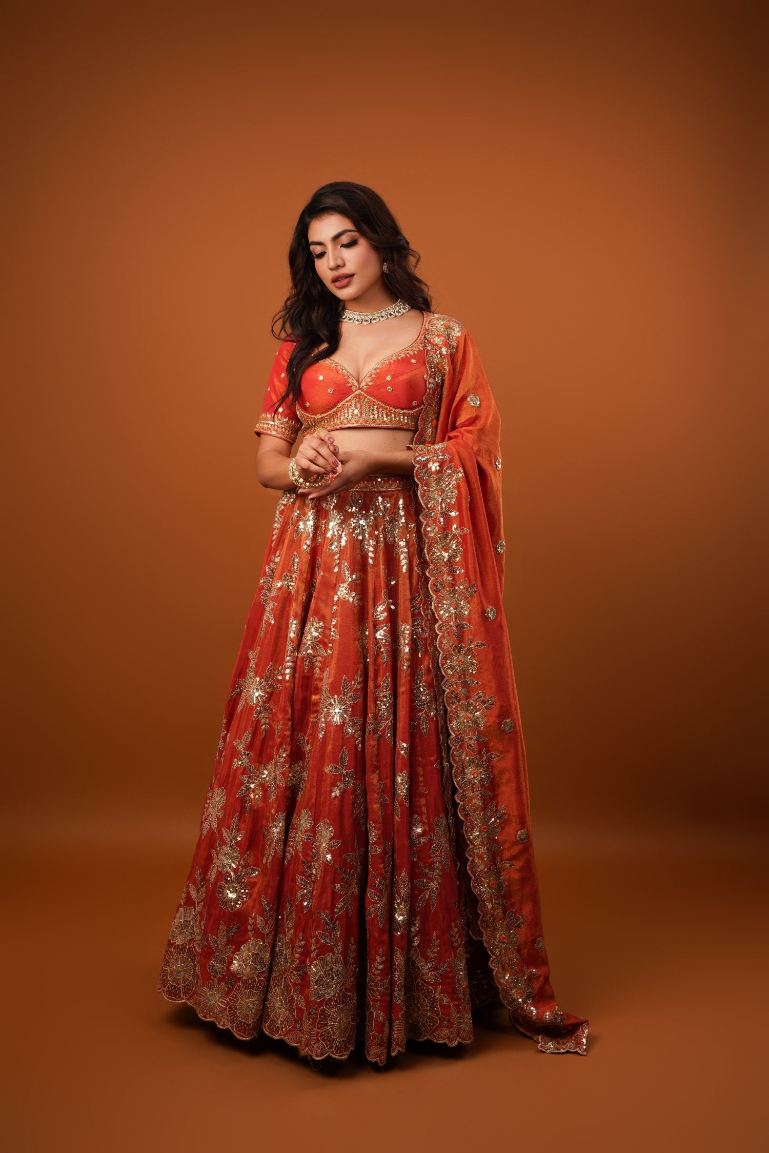 Rust Gold Tissue Embroidered Lehenga