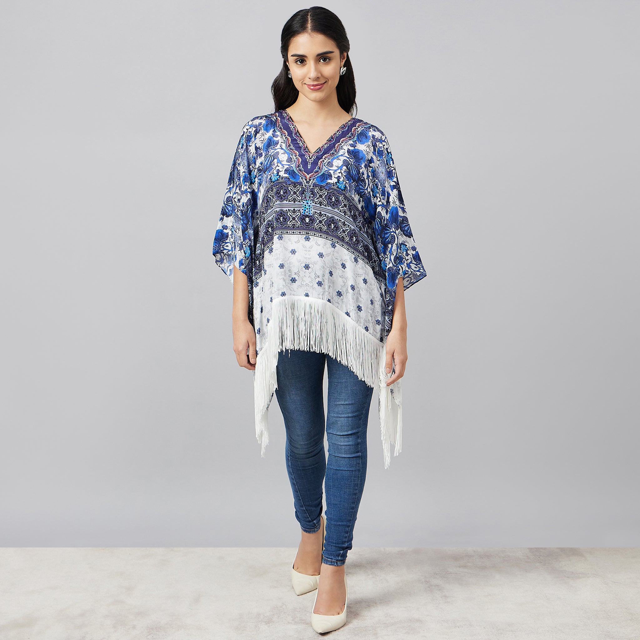 White and Blue Porcelain Print Embellished Kaftan Top