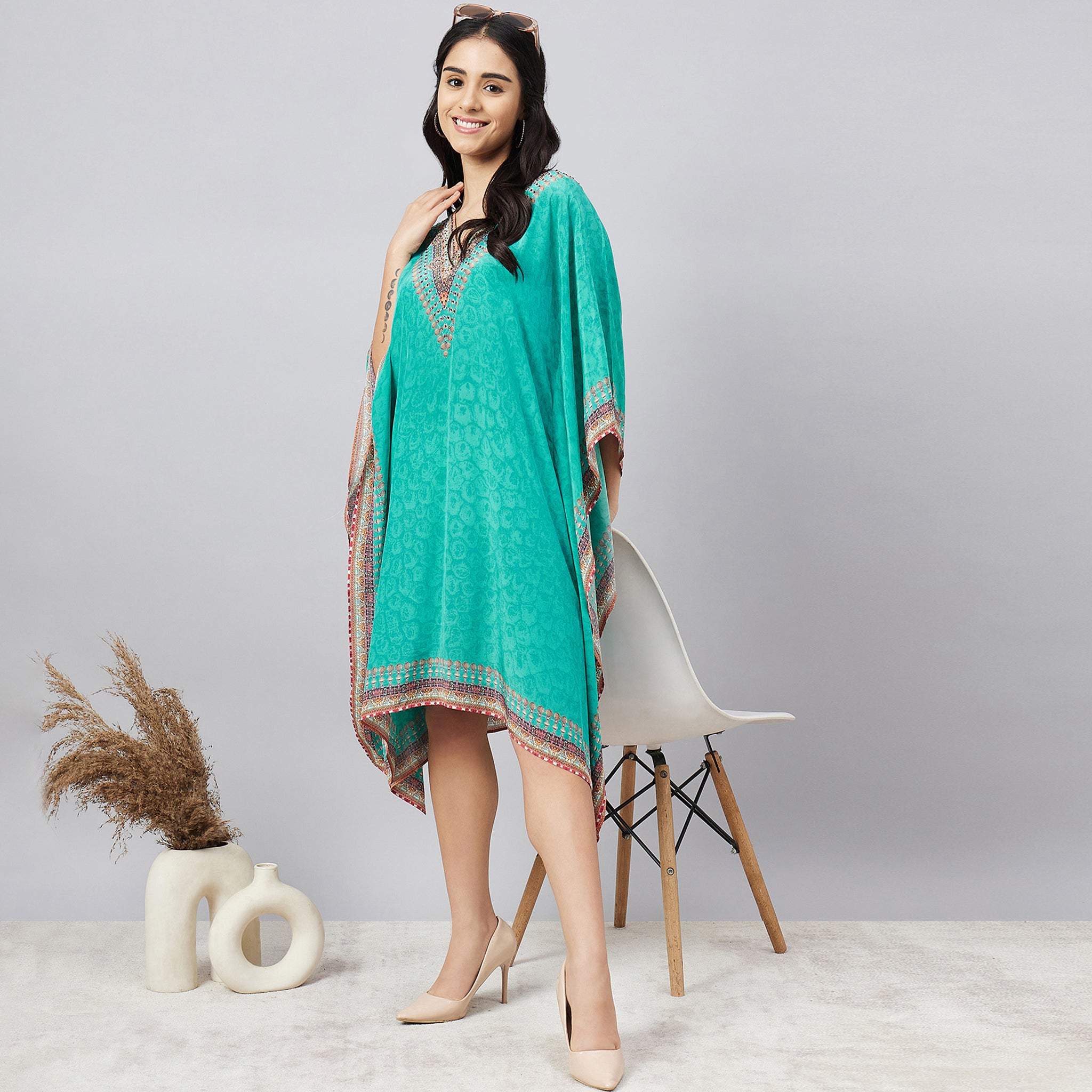 Green Pearl Embellished Kaftan Tunic